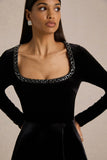 Beloved Black Velvet Embellished Square Neck Mini Dress