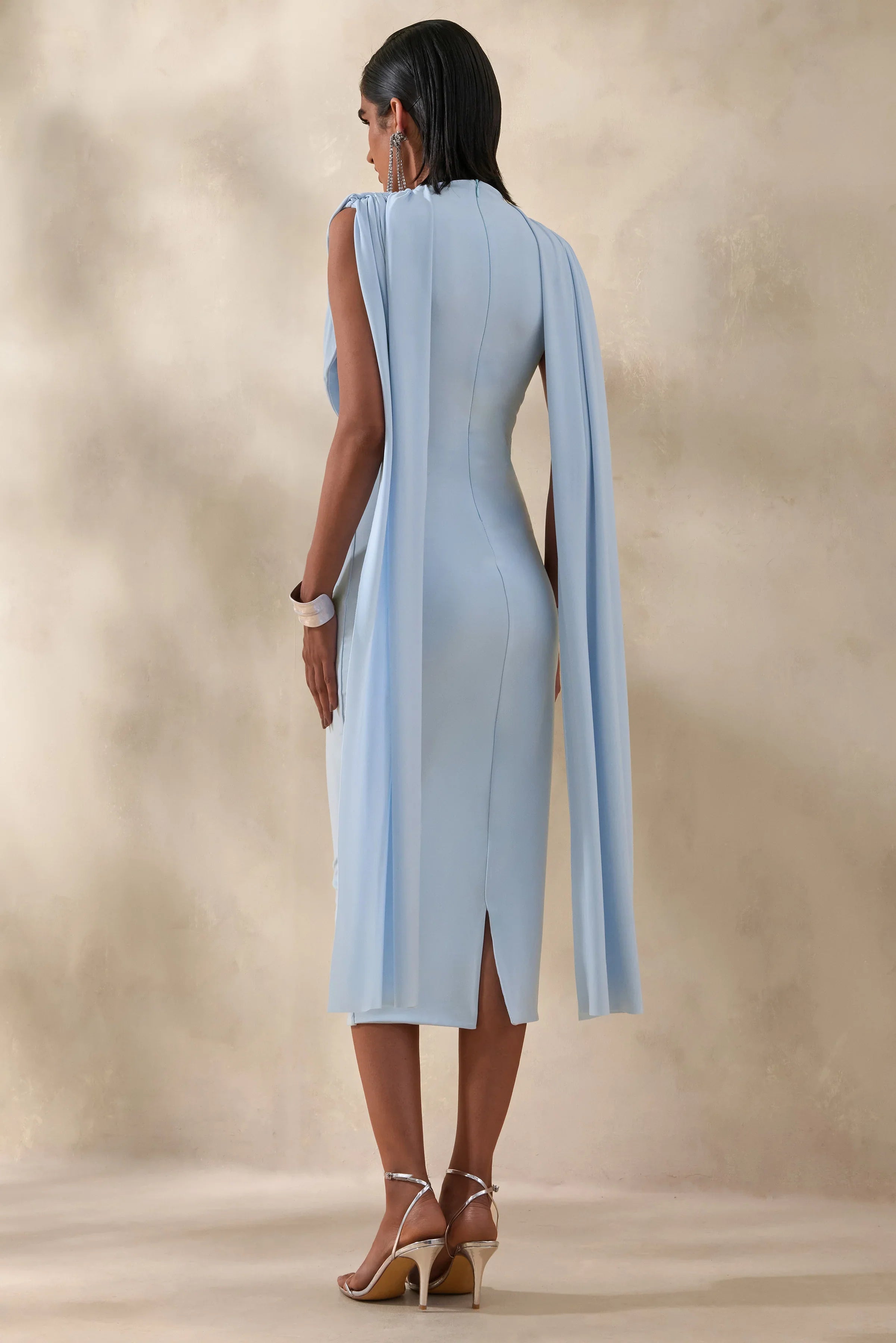 Lysandria Powder Blue High Neck Midi Dress With Draped Detailing