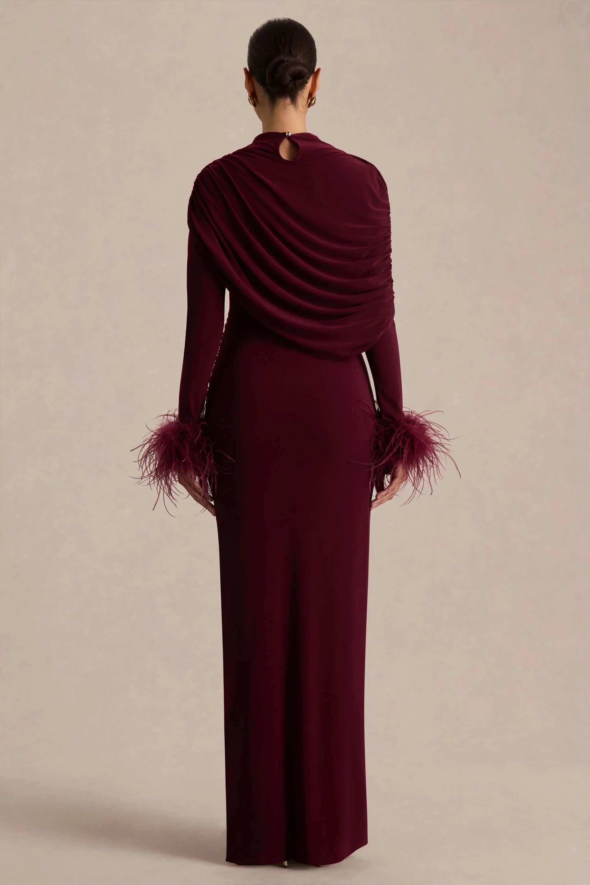 Gatsby Burgundy High Neck Maxi Dress With Feather Trim Cuffs