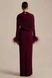 Gatsby Burgundy High Neck Maxi Dress With Feather Trim Cuffs
