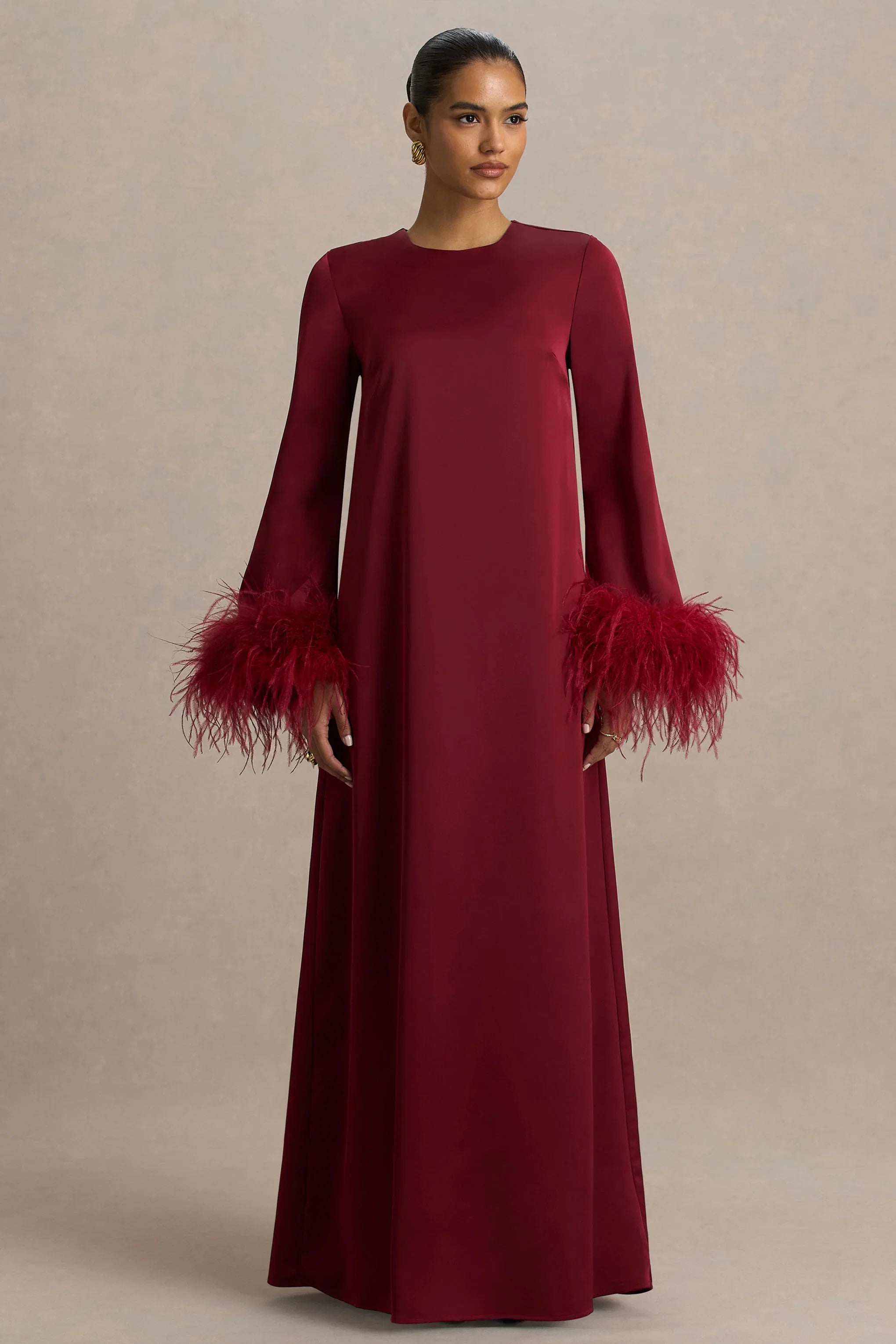 Adella Burgundy Satin Feather Trim Maxi Dress