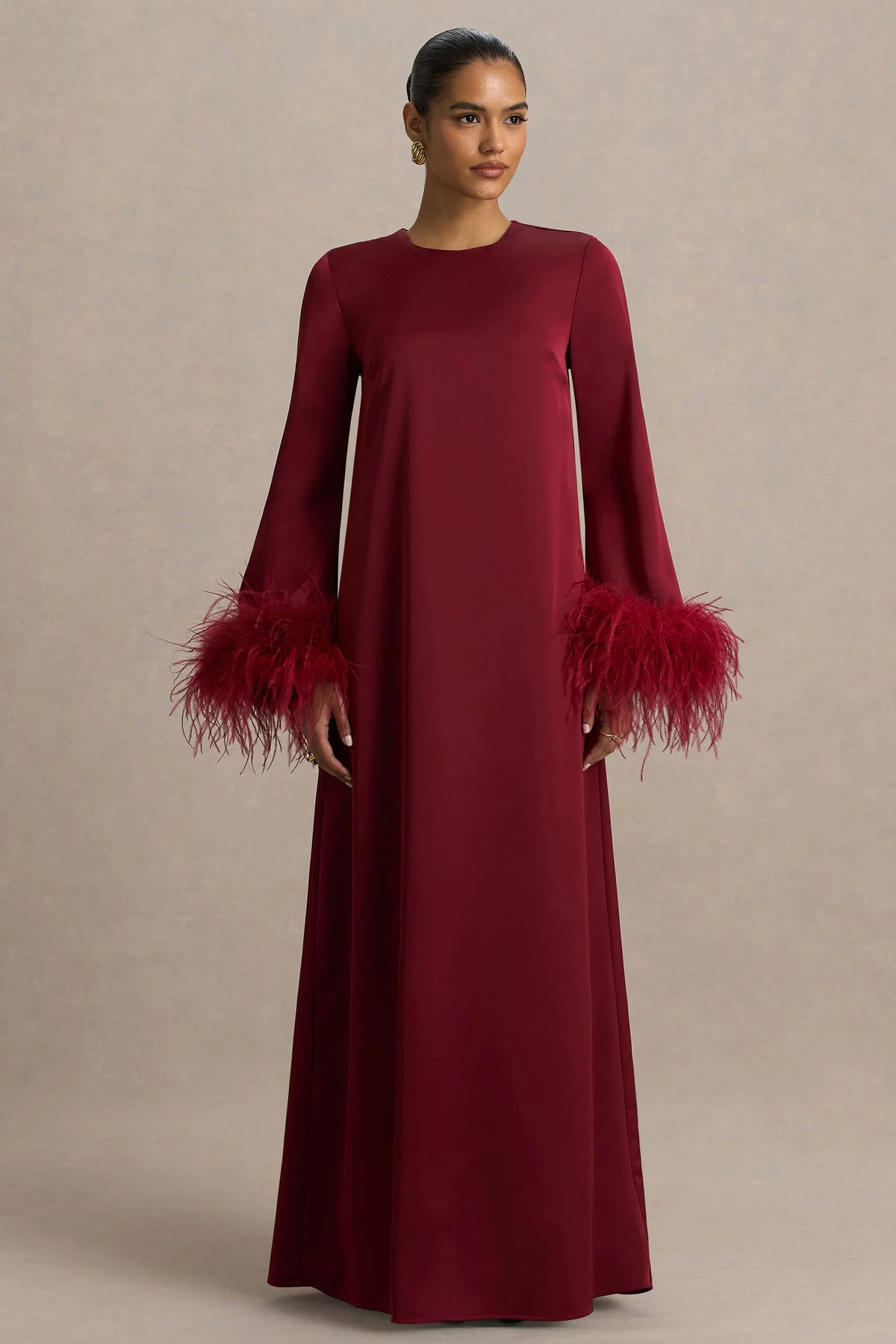 Adella Burgundy Satin Feather Trim Maxi Dress