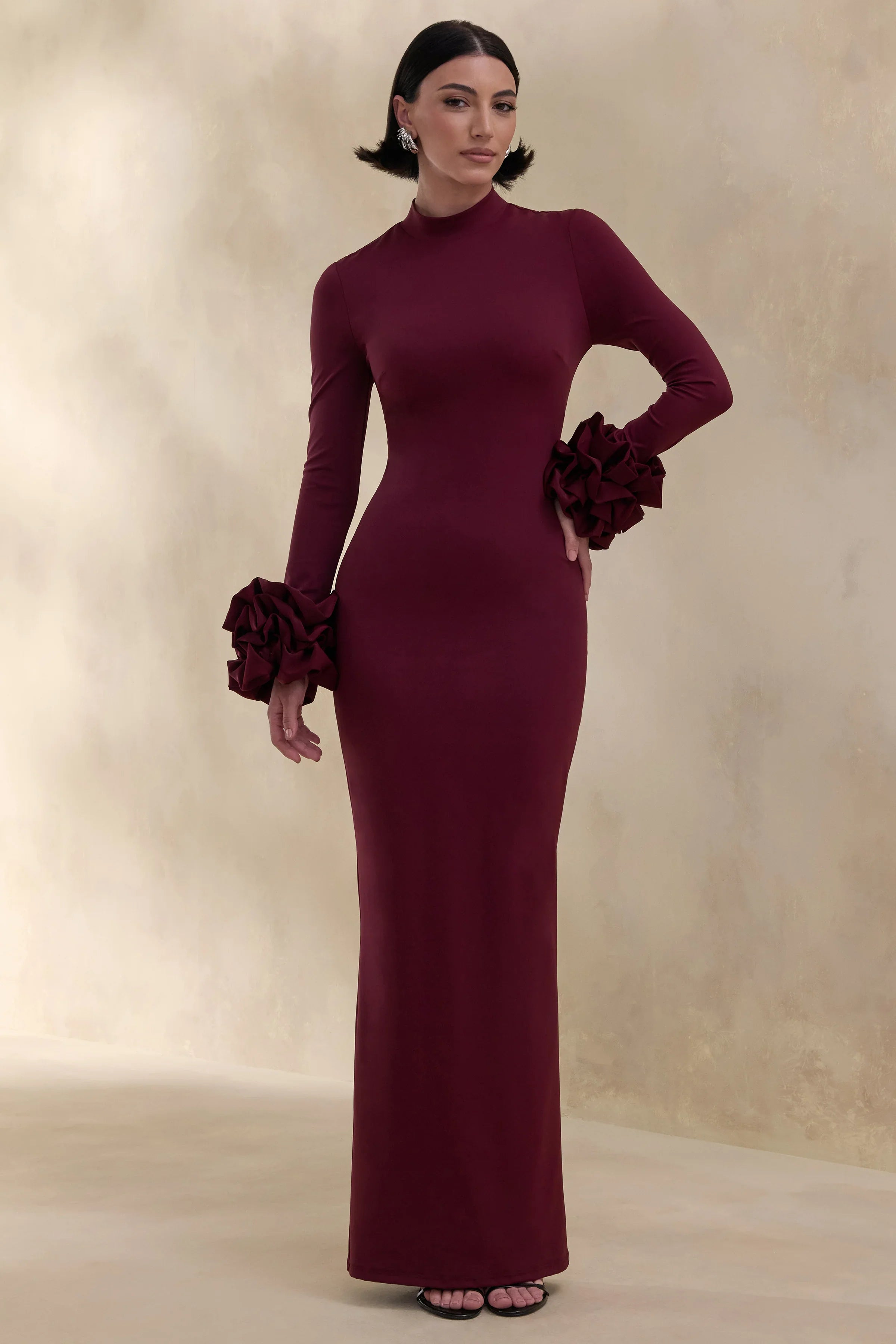 Jaselle Dark Plum High Neck Maxi Dress With Ruffled Satin Cuffs