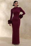 Jaselle Dark Plum High Neck Maxi Dress With Ruffled Satin Cuffs
