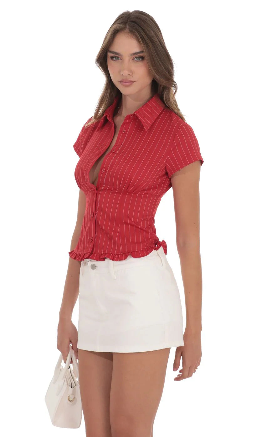 PinStripe Button Up Ruffle Top in Red