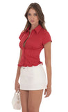PinStripe Button Up Ruffle Top in Red