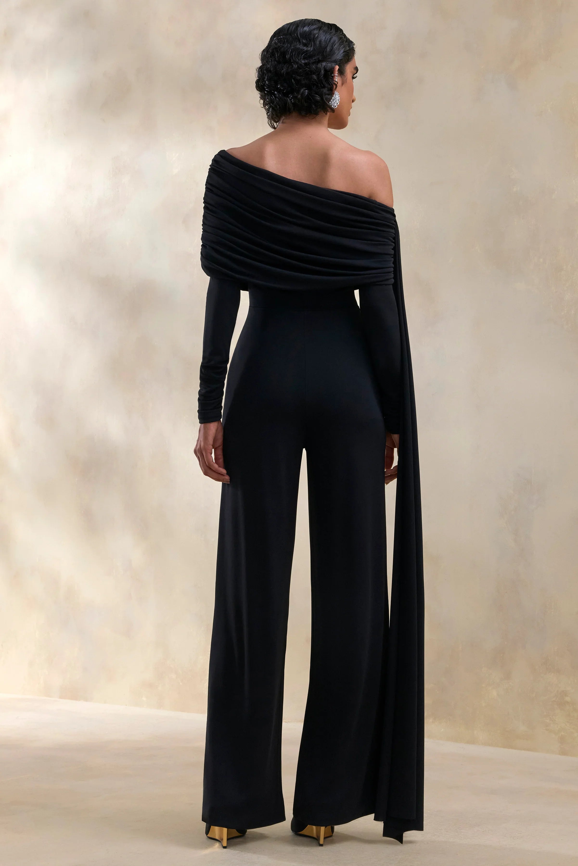 Elova Black Bardot Neck Jumpsuit With Sash
