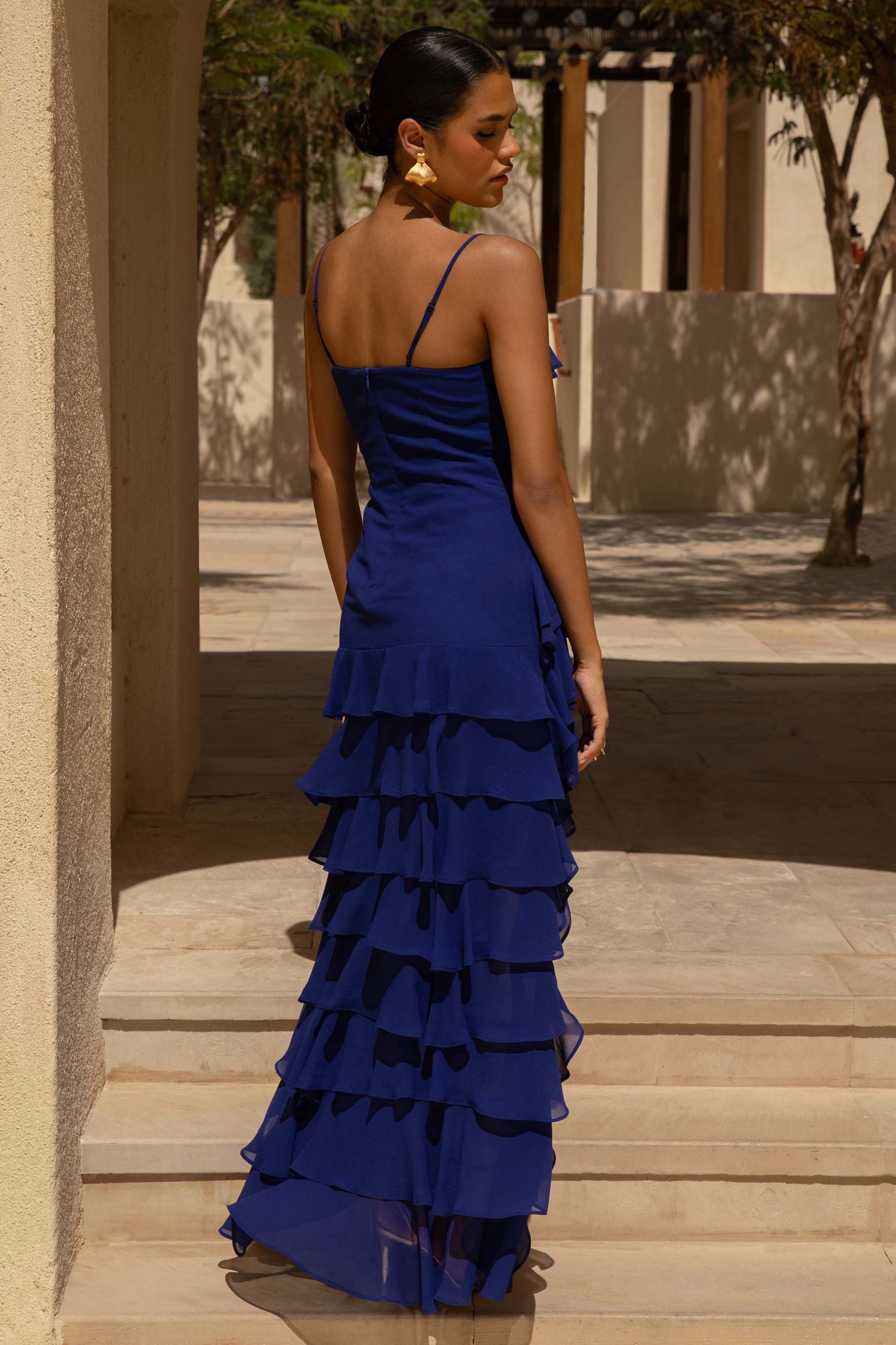 Marlee Blue Chiffon Plunge Neck High Low Maxi Dress