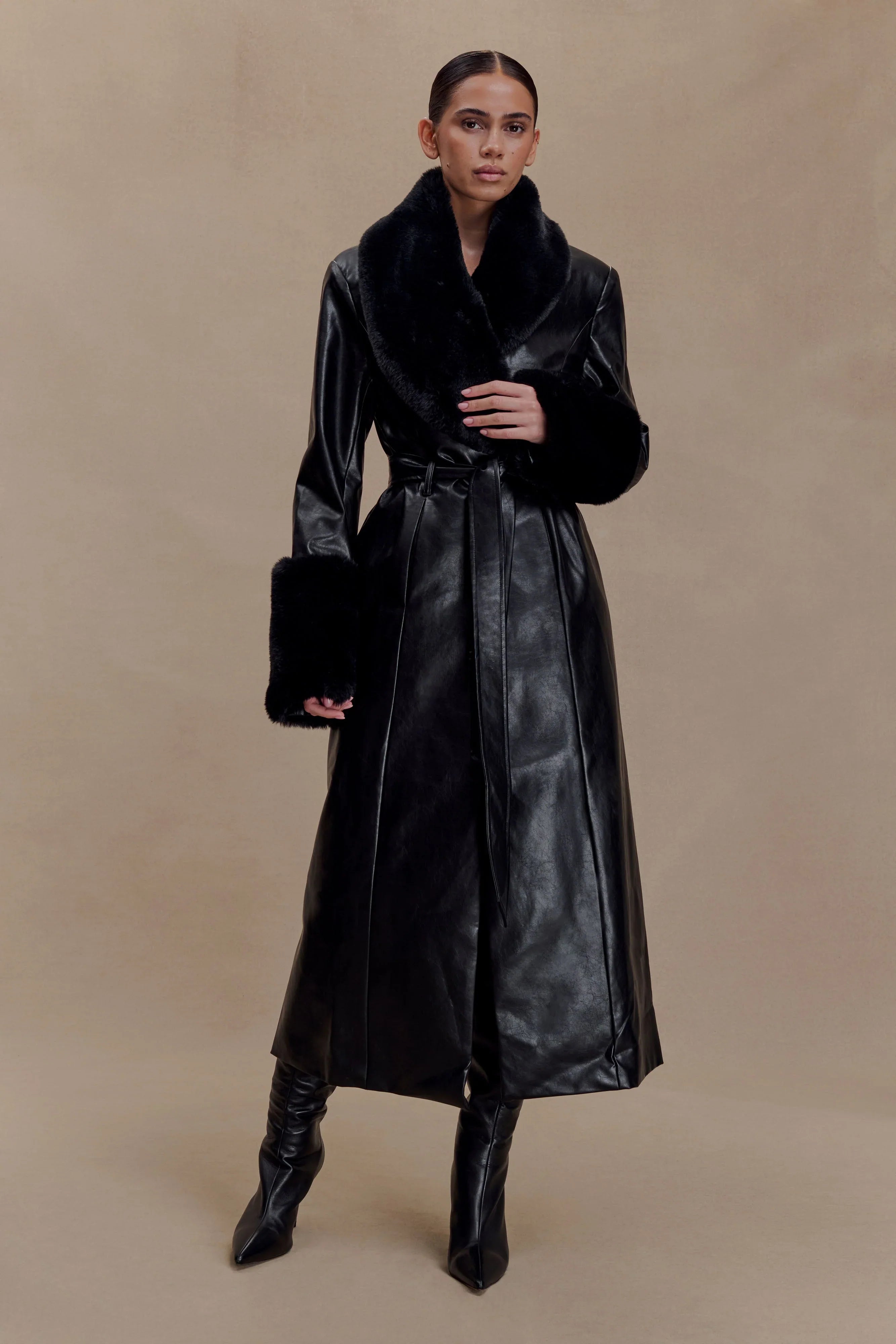 Bec Faux Leather Trench Coat With Faux Fur Black