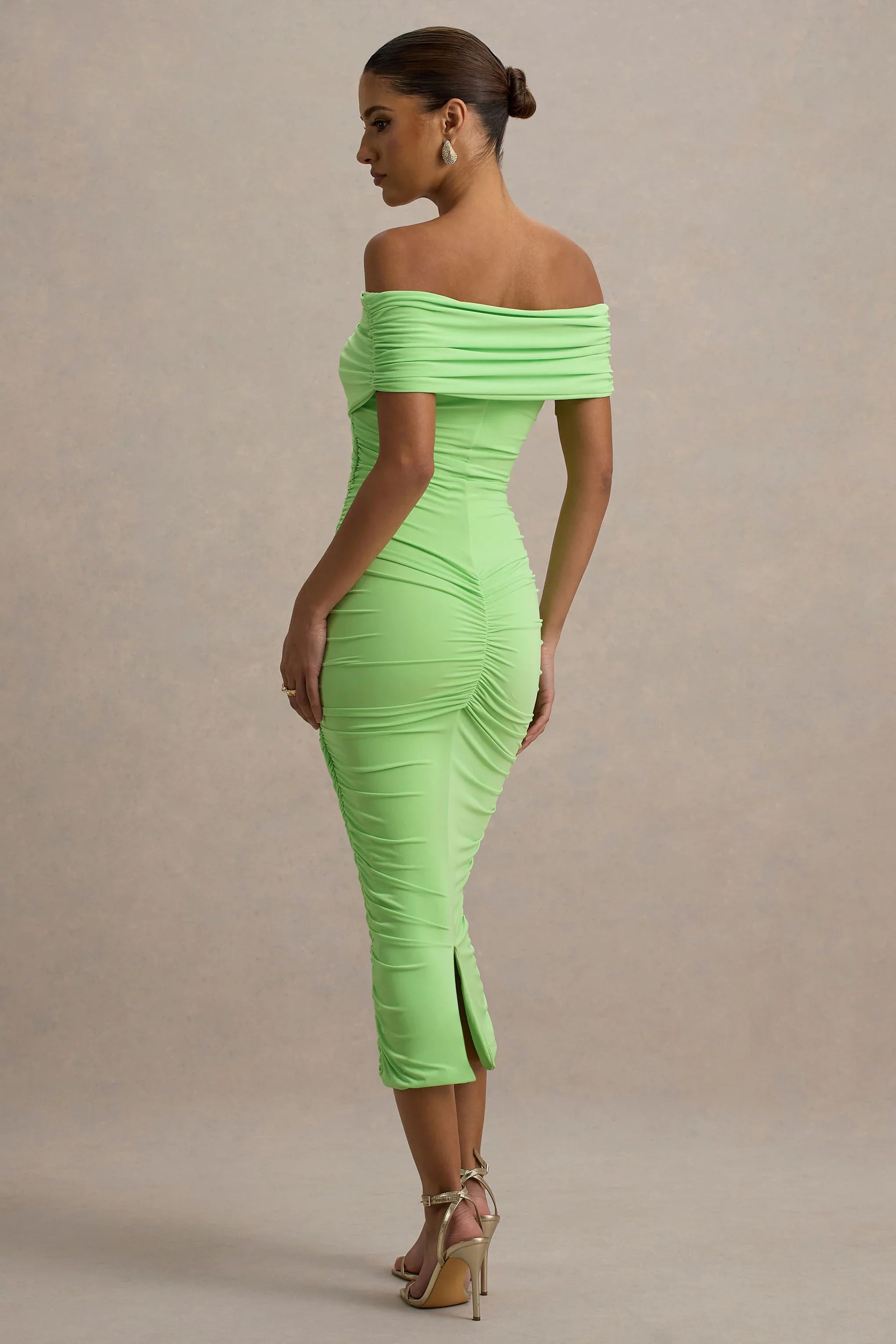 Unwrapped Light Green Ruched Twist Bardot Midi Dress
