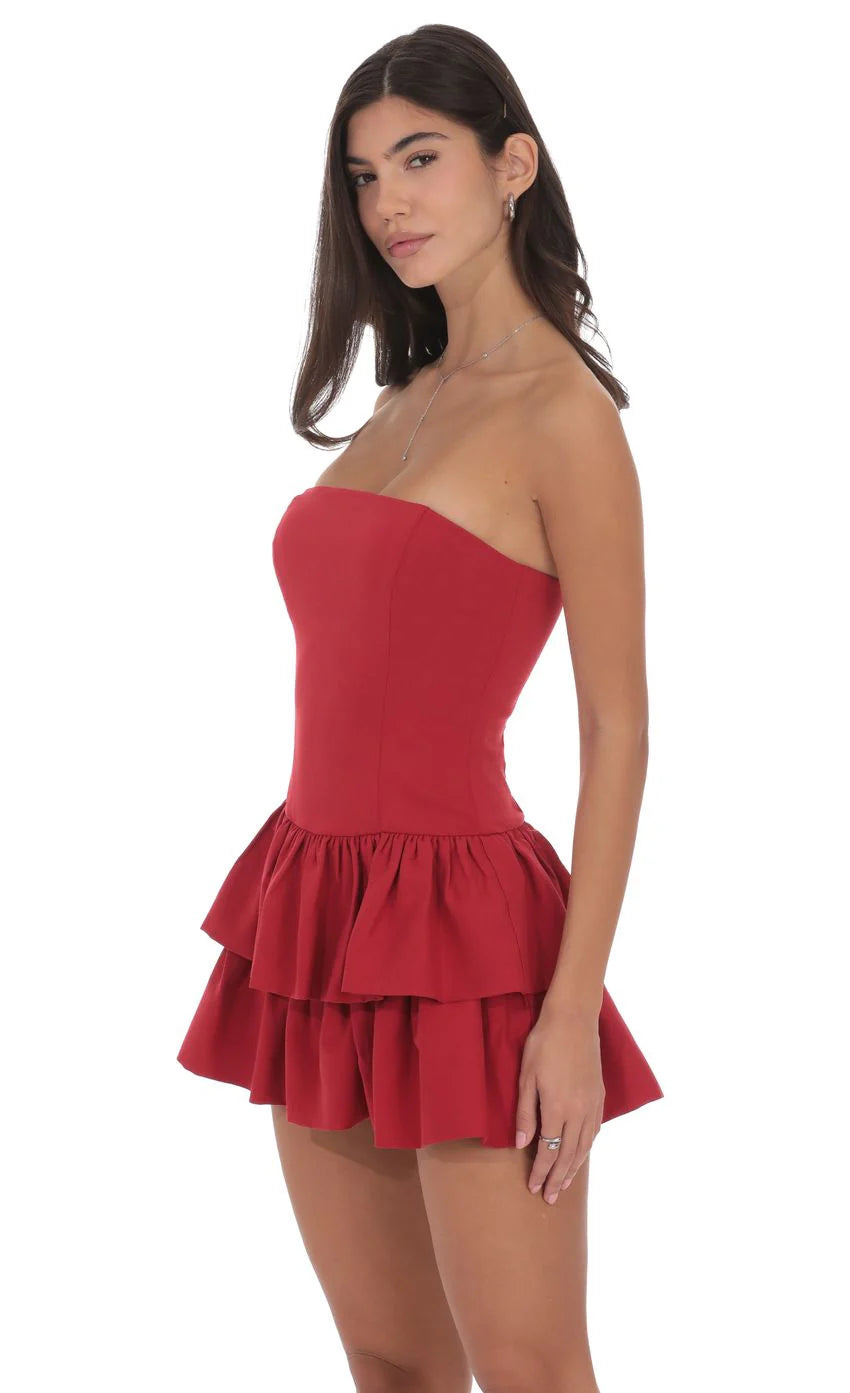 Strapless Corset Ruffle Dress in Red