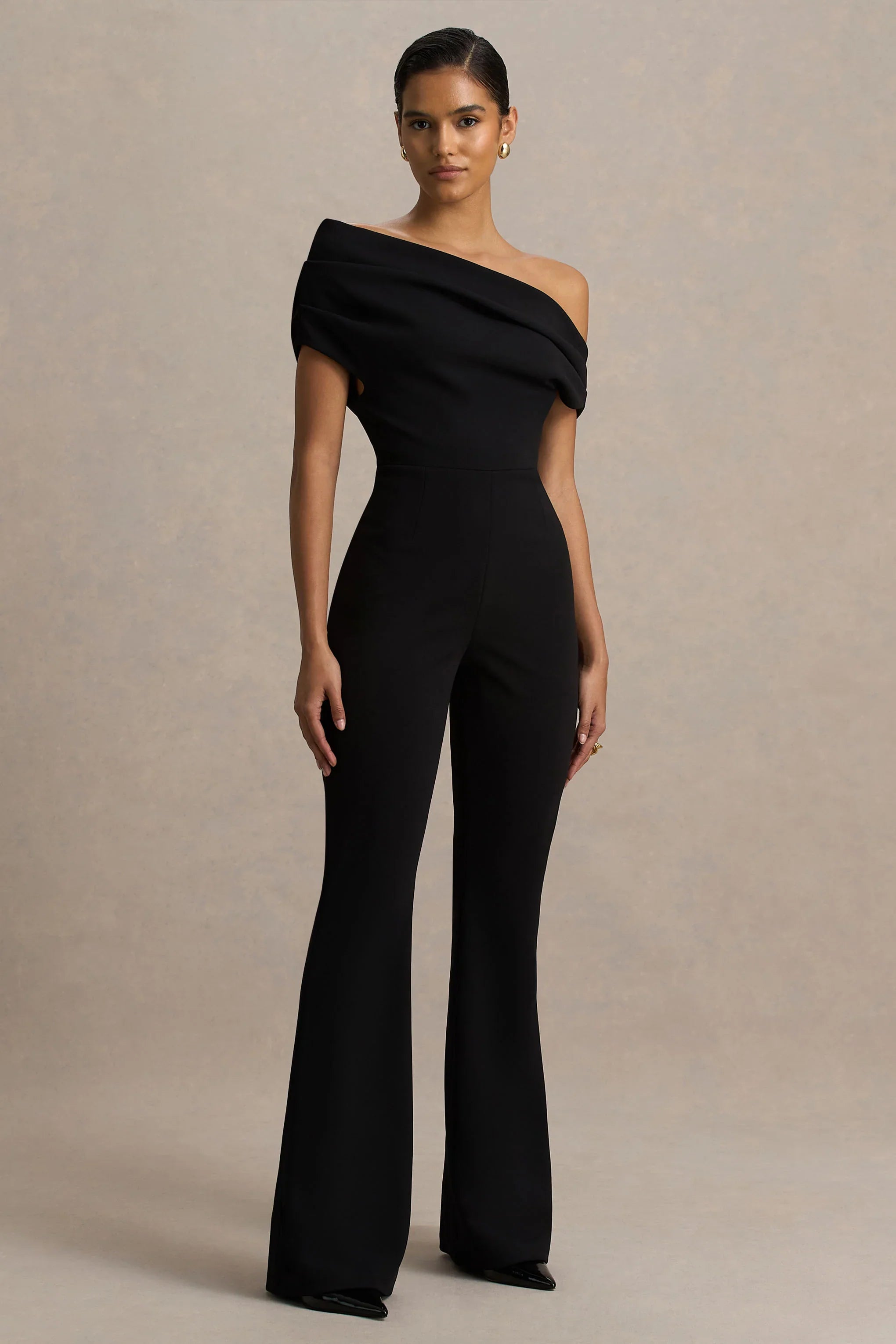 Alexandra Black Asymmetric Neck Draped Jumpsuit