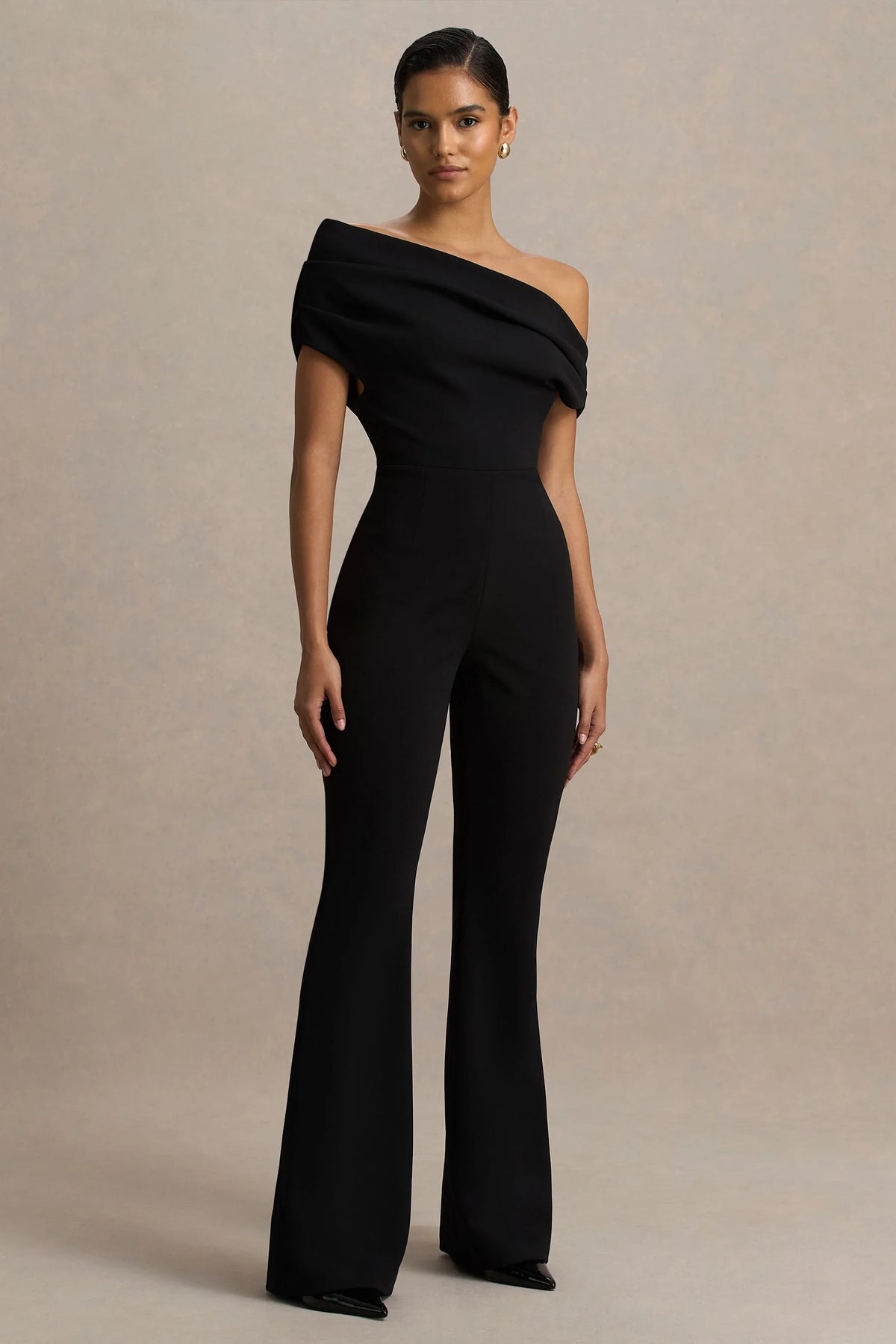 Alexandra Black Asymmetric Neck Draped Jumpsuit