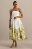 Ivory Sunflower Print Bandeau High Low Midi Dress