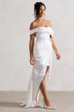 Milano Cream Satin Bardot Maxi Dress With Detachable Skirt