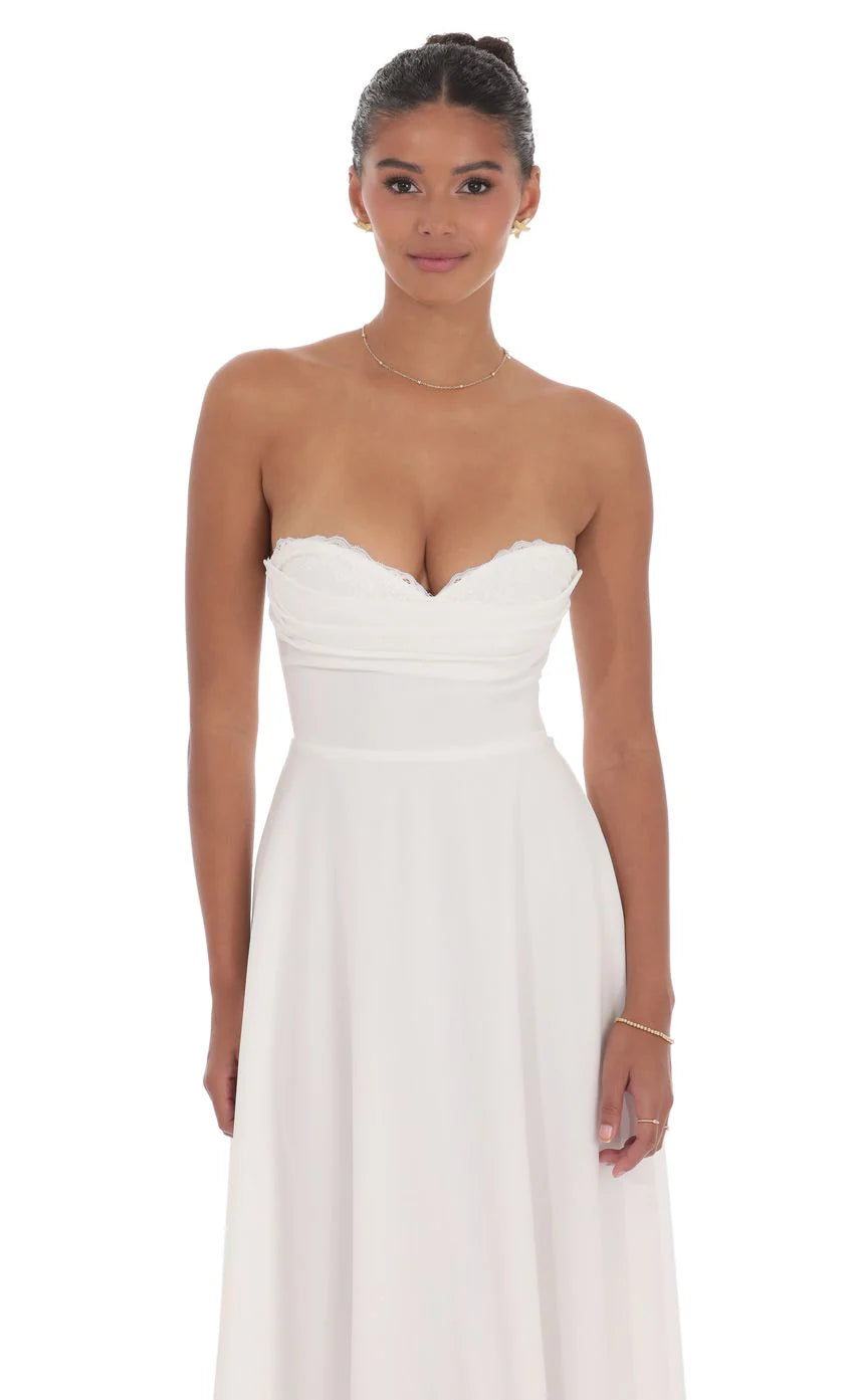 Lace Bust A Line Midi Dress in White