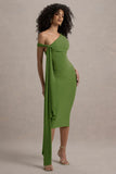 Vallea Green One Shoulder Draped Midi Dress