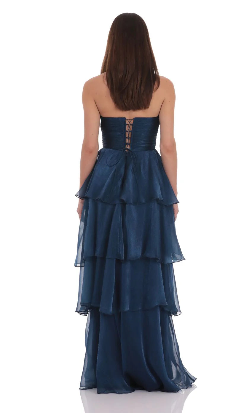 Corset Petal Ruffle Strapless Maxi Dress in Navy