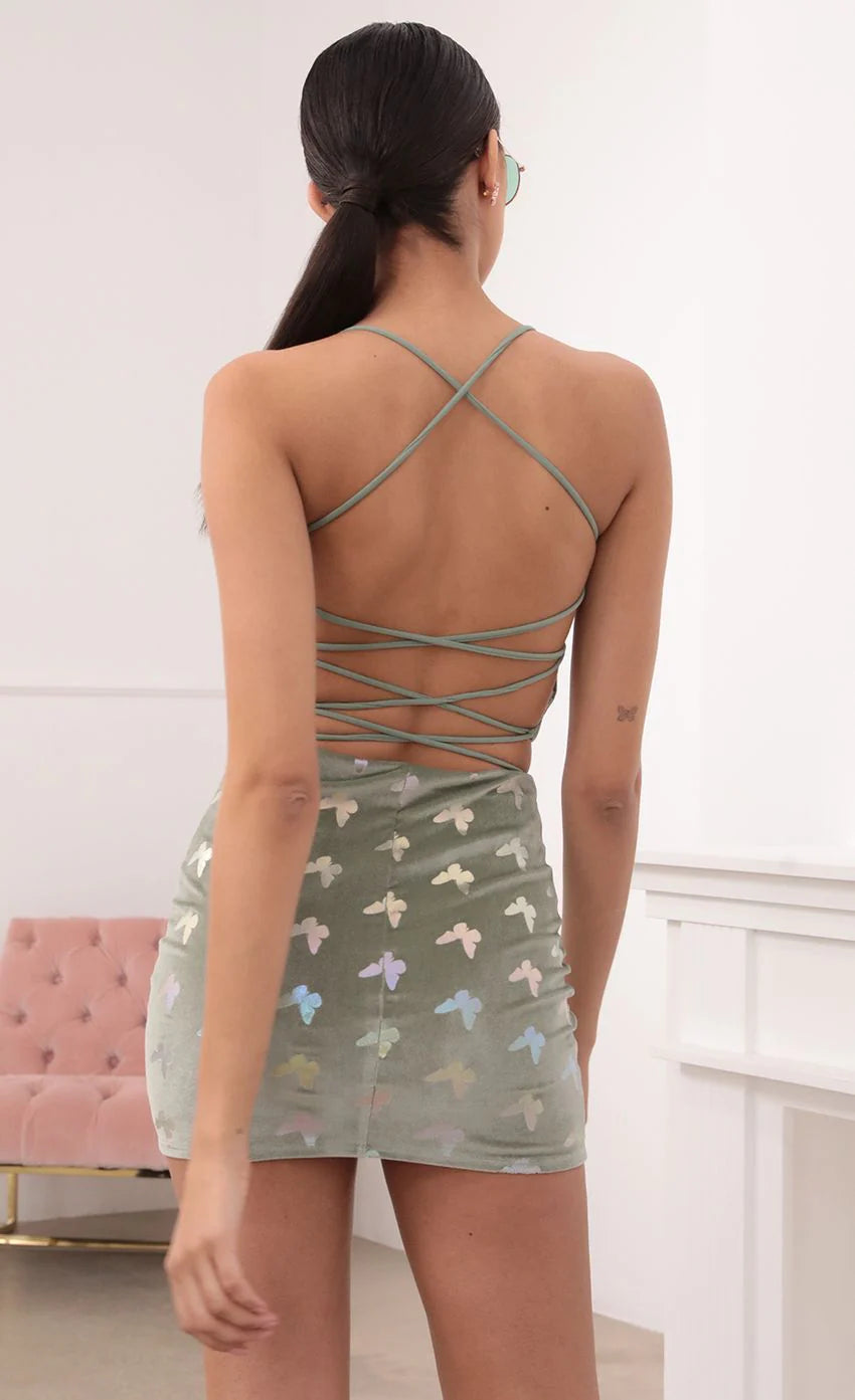 Velvet Lace Up Set In Sage Butterflies