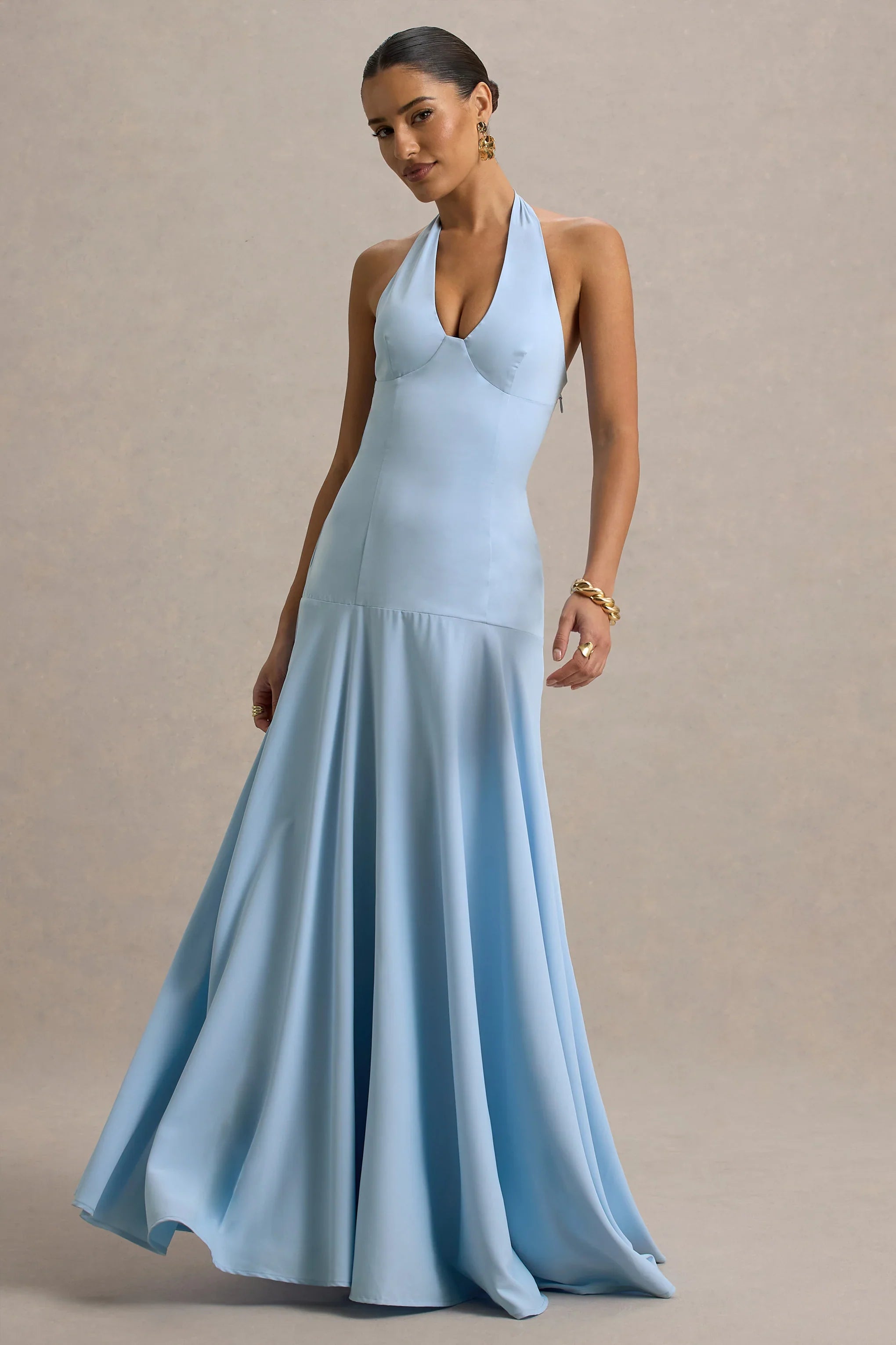 Ginevra Powder Blue Halter Neck Slip Maxi Dress