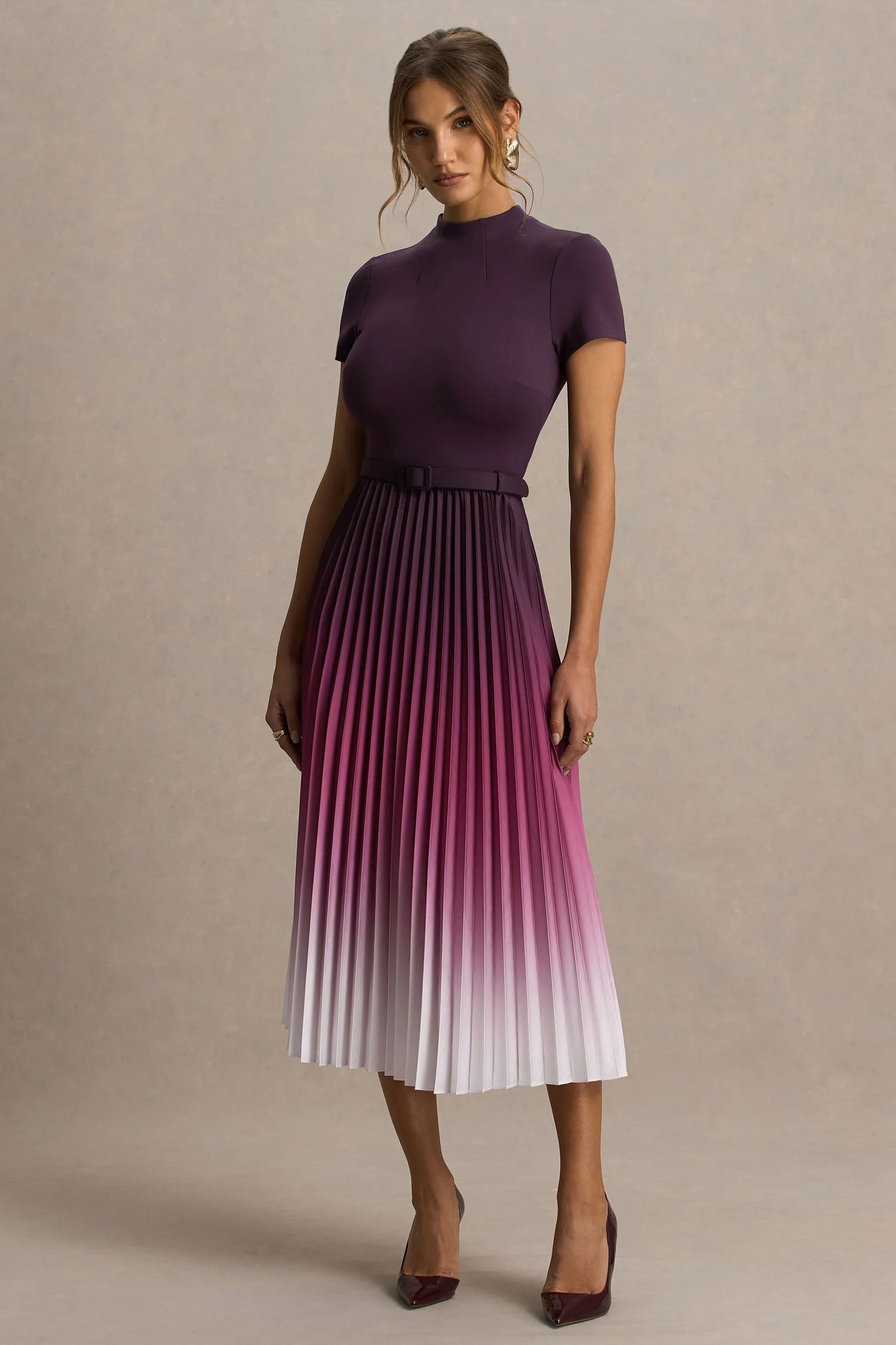 Libby Burgundy Ombre Woven High Neck Midi Dress With Pleated Detailing