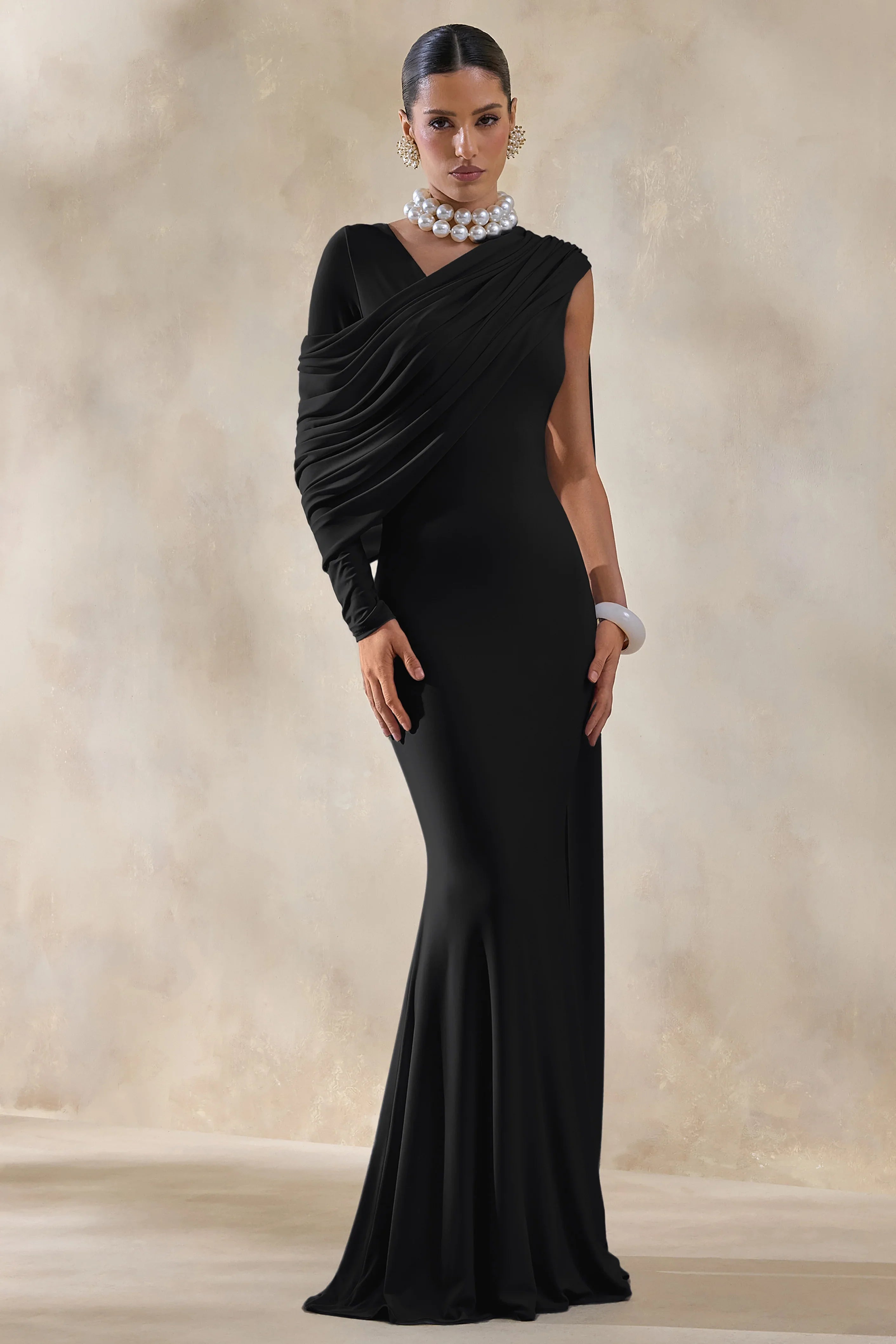 Rubelle Black Asymmetric Neck Maxi Dress With Draped Detailing