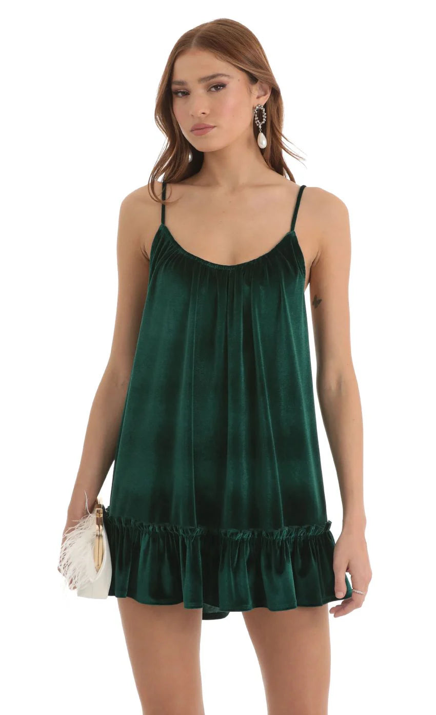 Velvet Open Back Flare Dress in Green