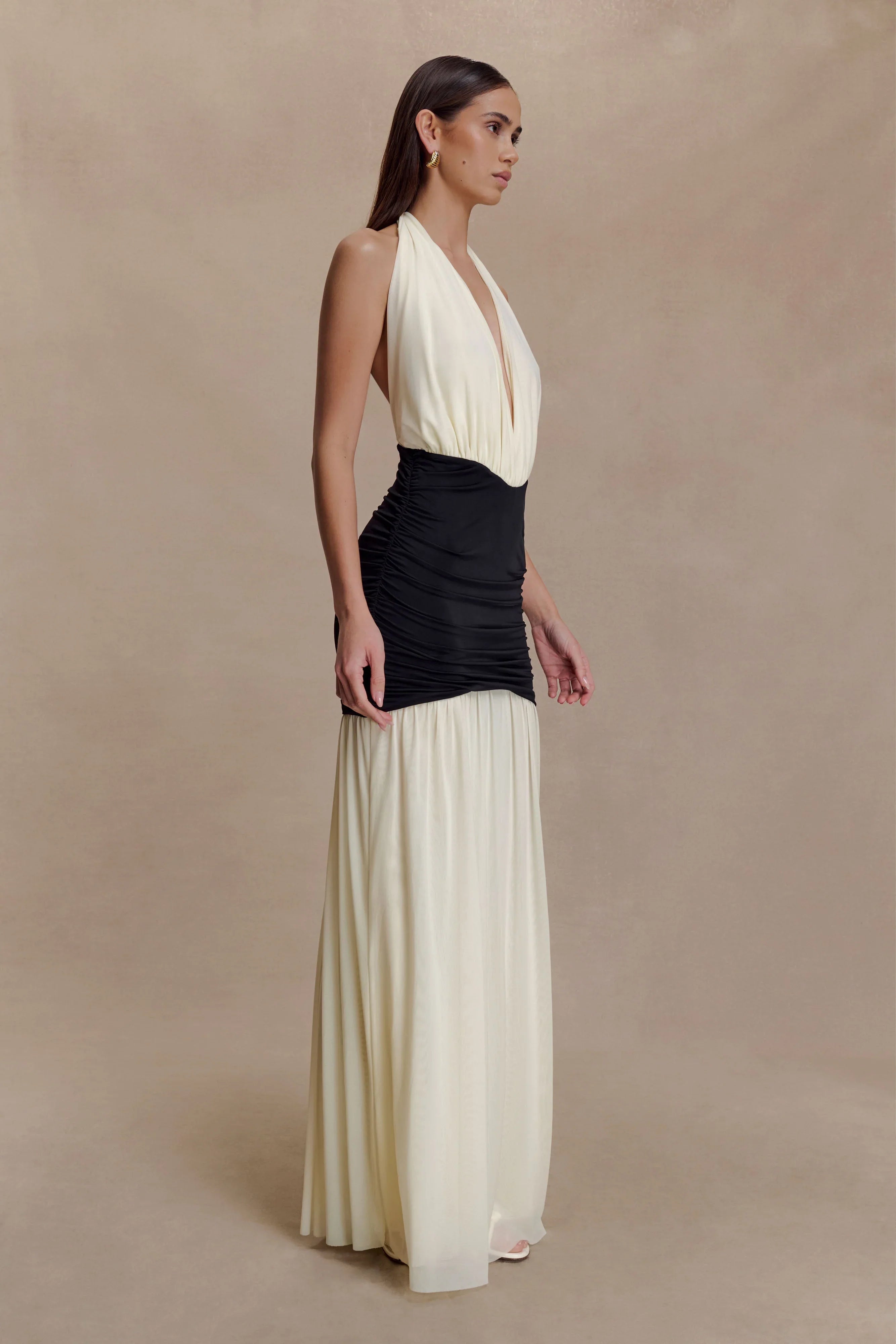 Hailee Slinky And Mesh Halter Maxi Dress Black White