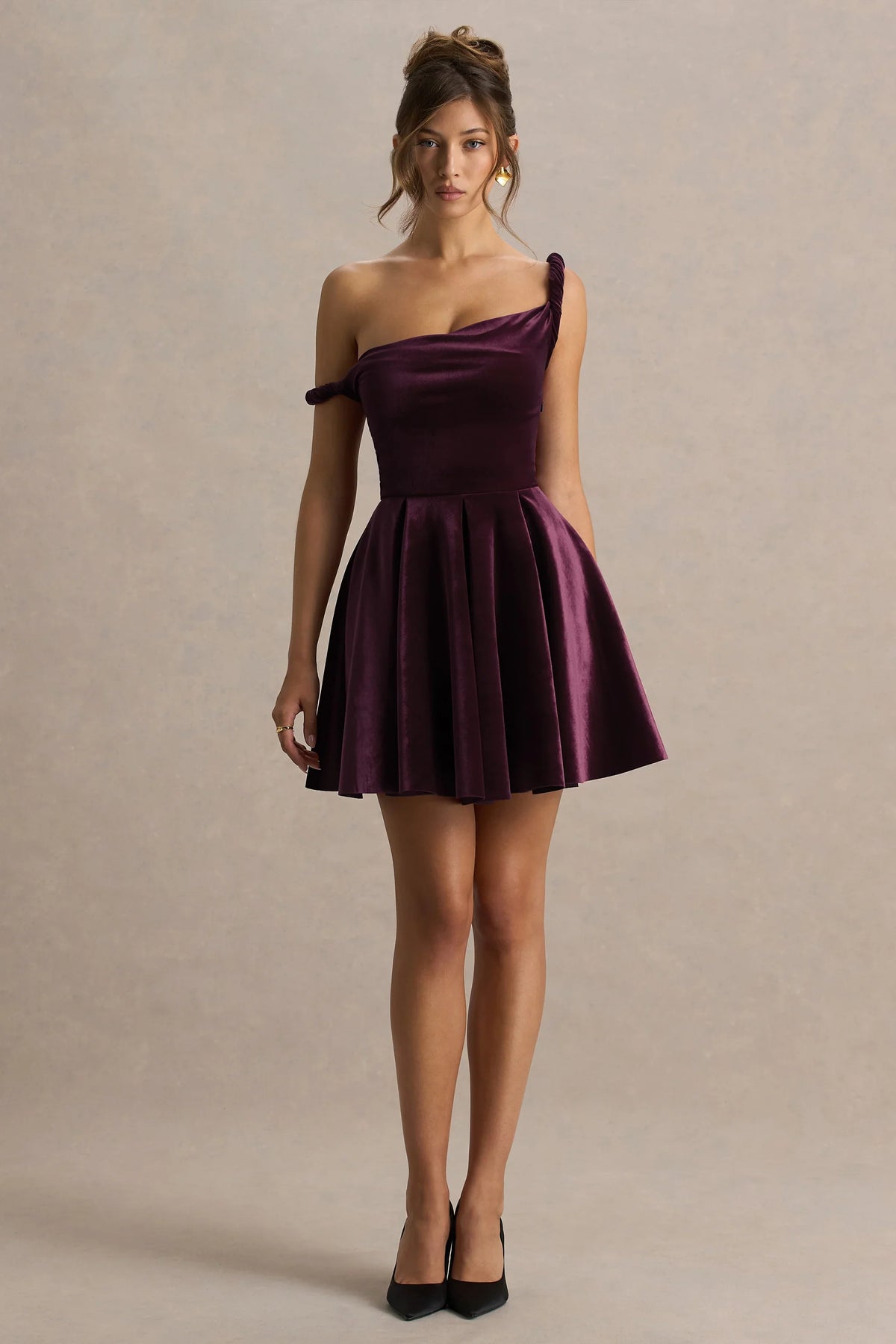 Leticia Burgundy Velvet Asymmetric Neck Velvet Mini Dress With Twist Sleeve