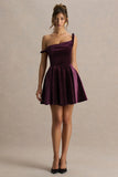 Leticia Burgundy Velvet Asymmetric Neck Velvet Mini Dress With Twist Sleeve