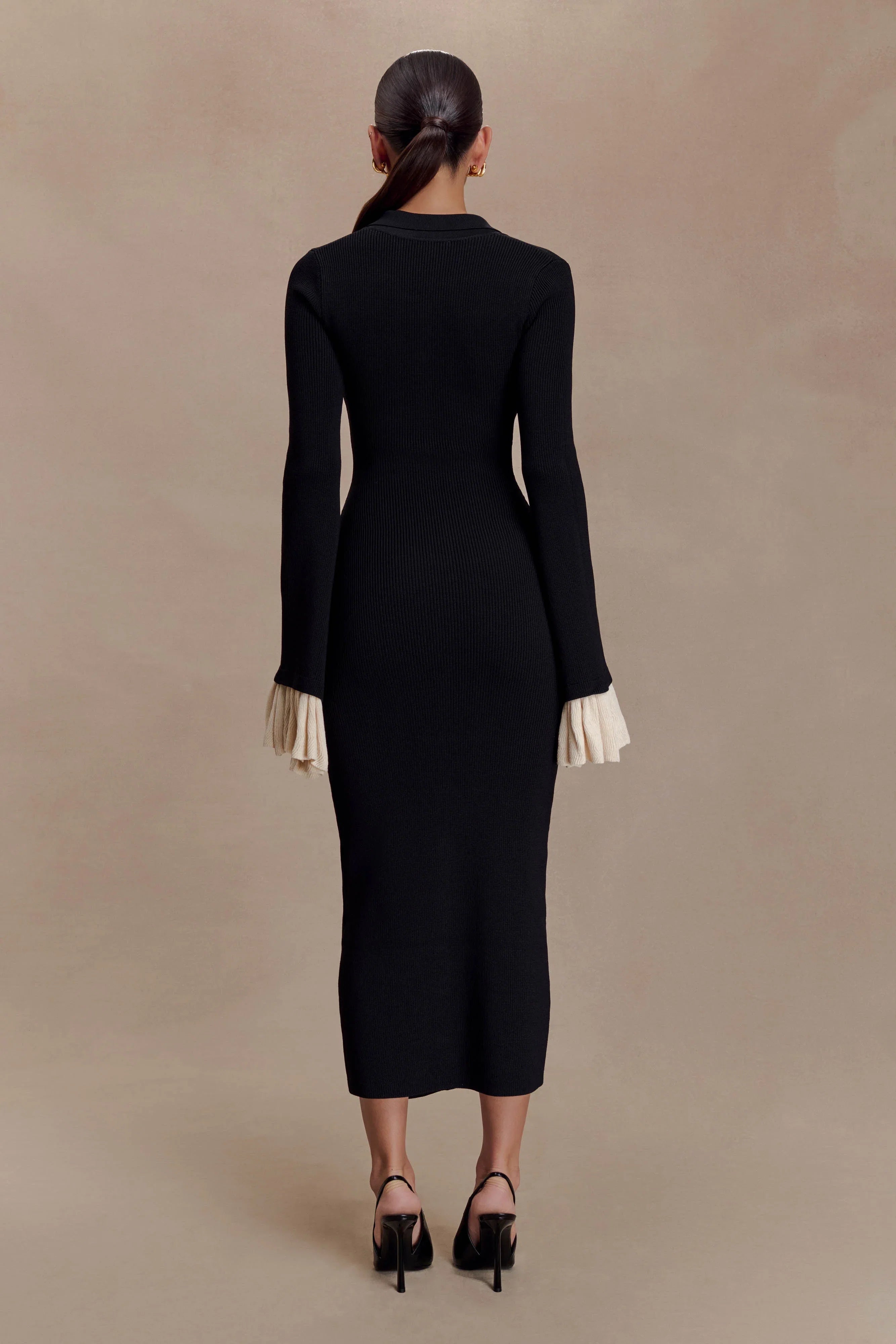 Amirose Ruffle Knit Midi Dress Black