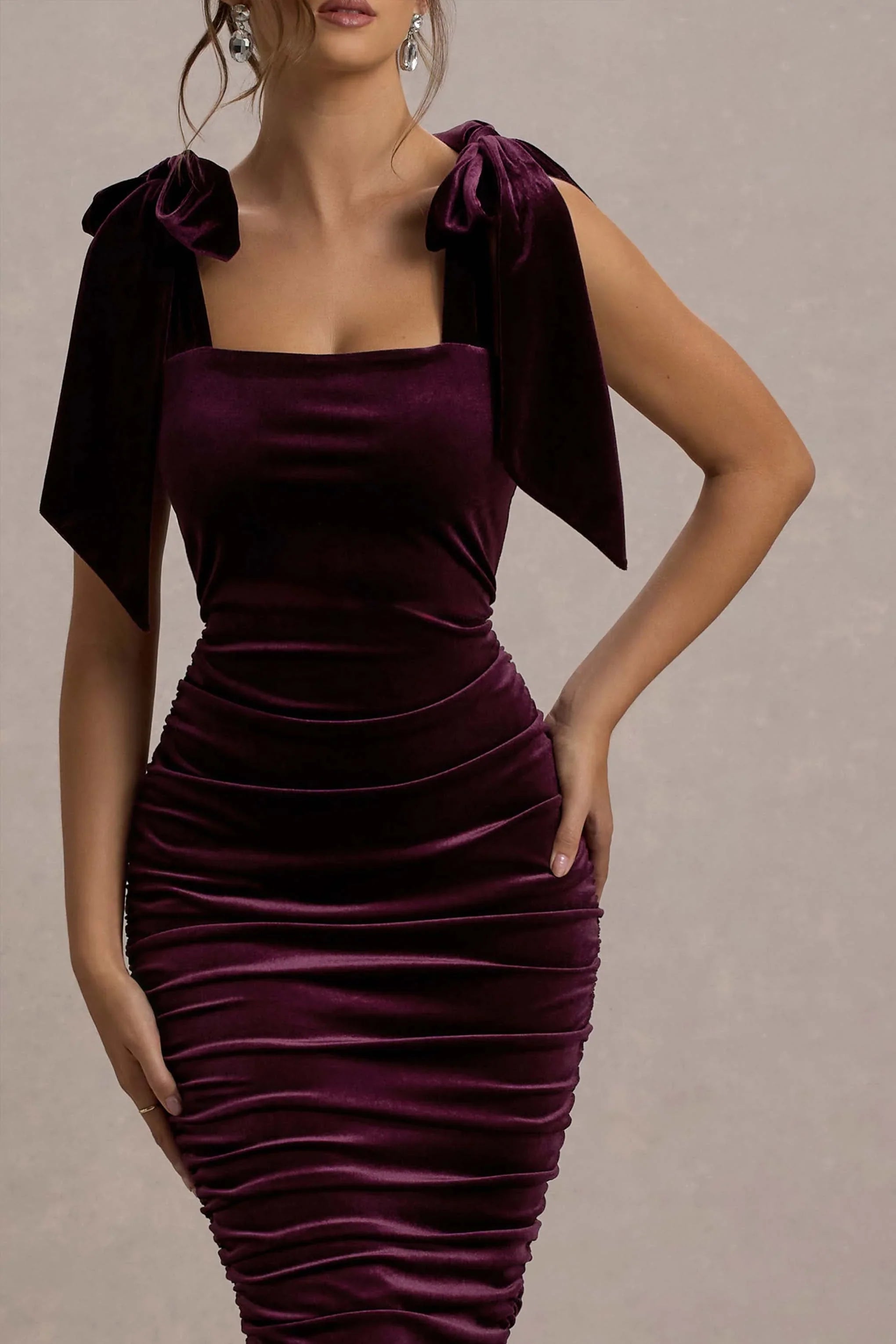 Tarna Port Velvet Midi Dress With Bow Straps
