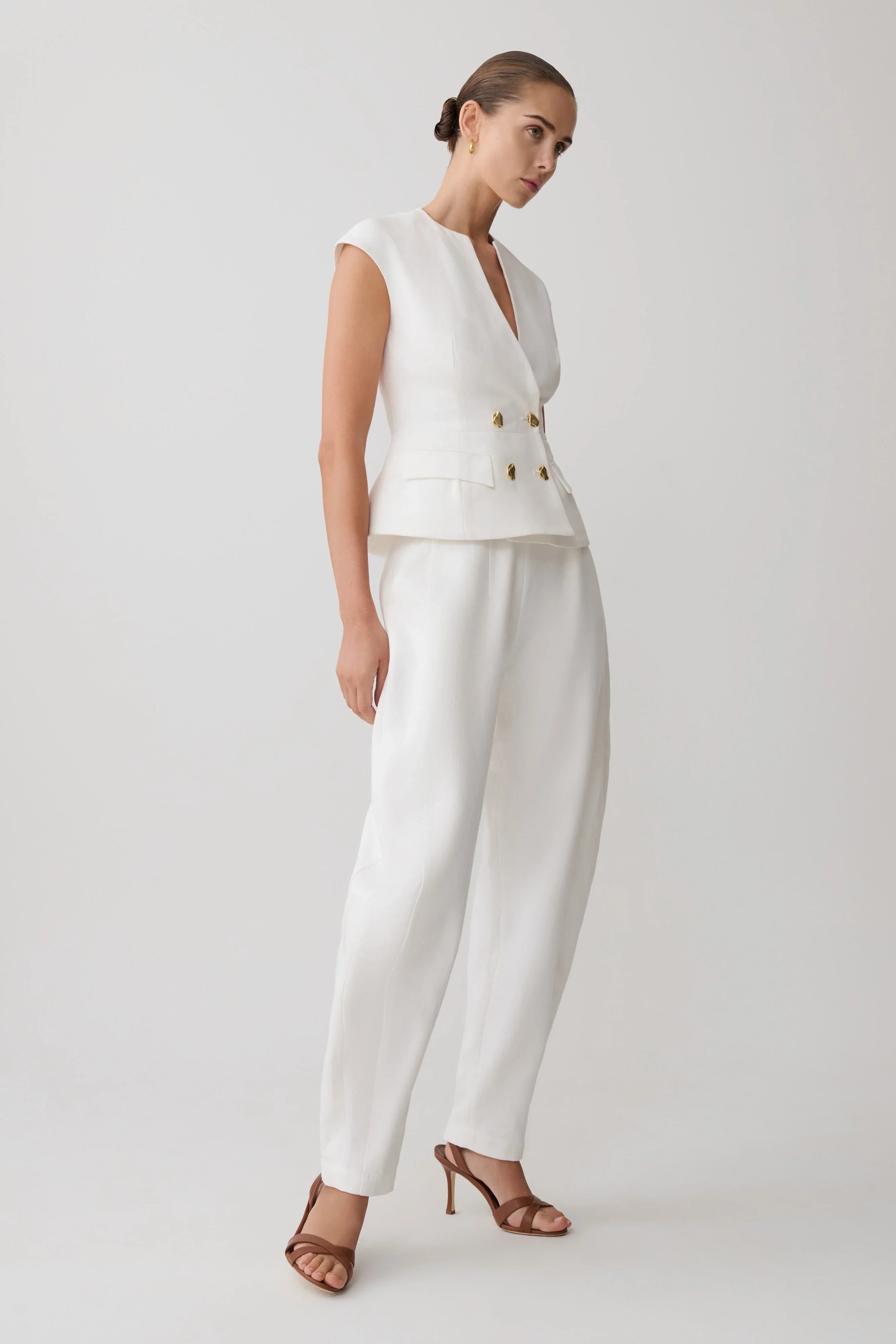 Oriana Linen Button Vest White