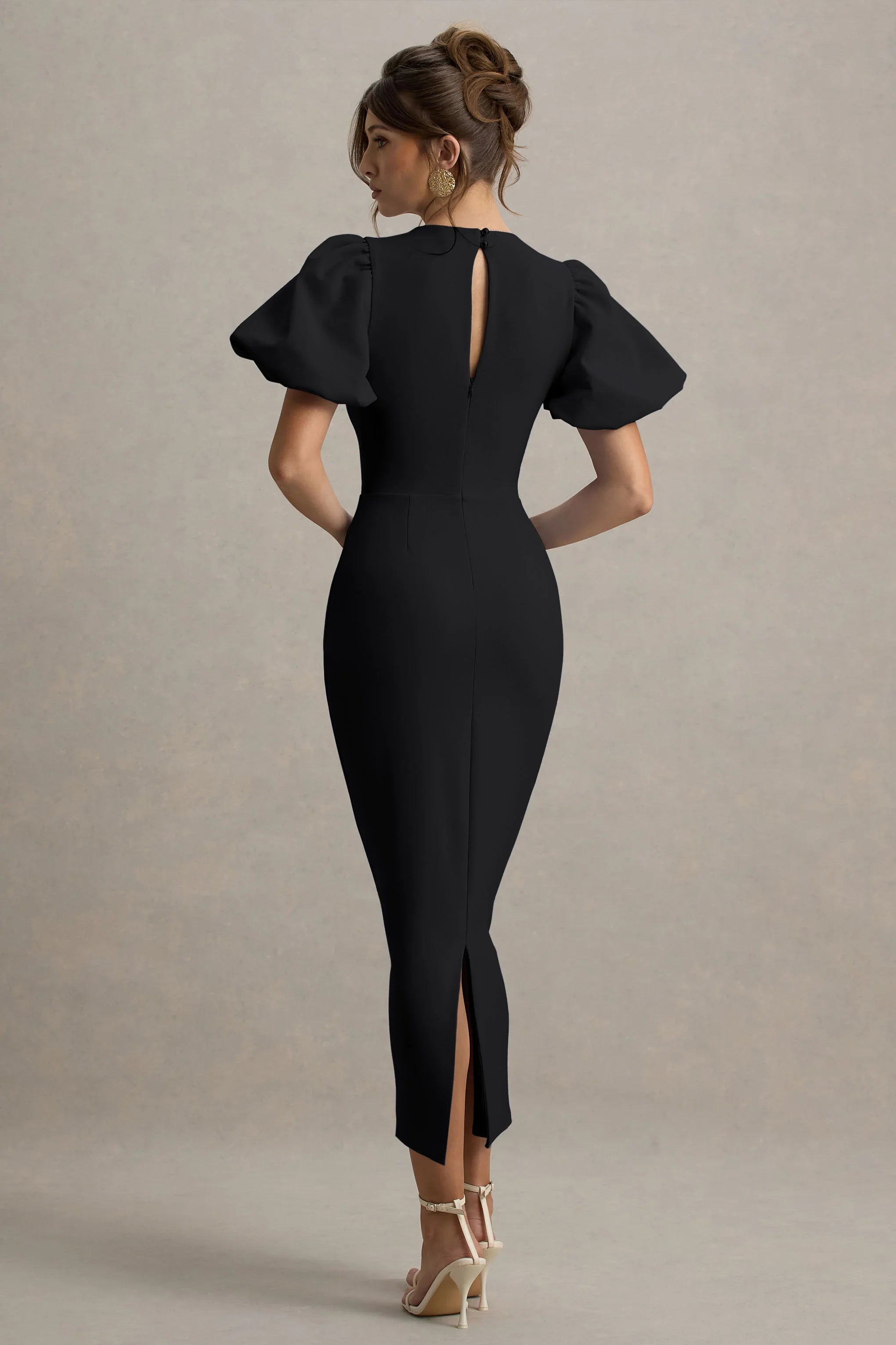 Dakota Black Puff Sleeve Midi Dress