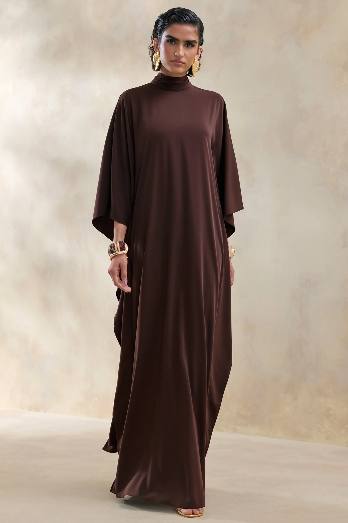 Lumisette Brown Satin High Neck Maxi Dress With Cape