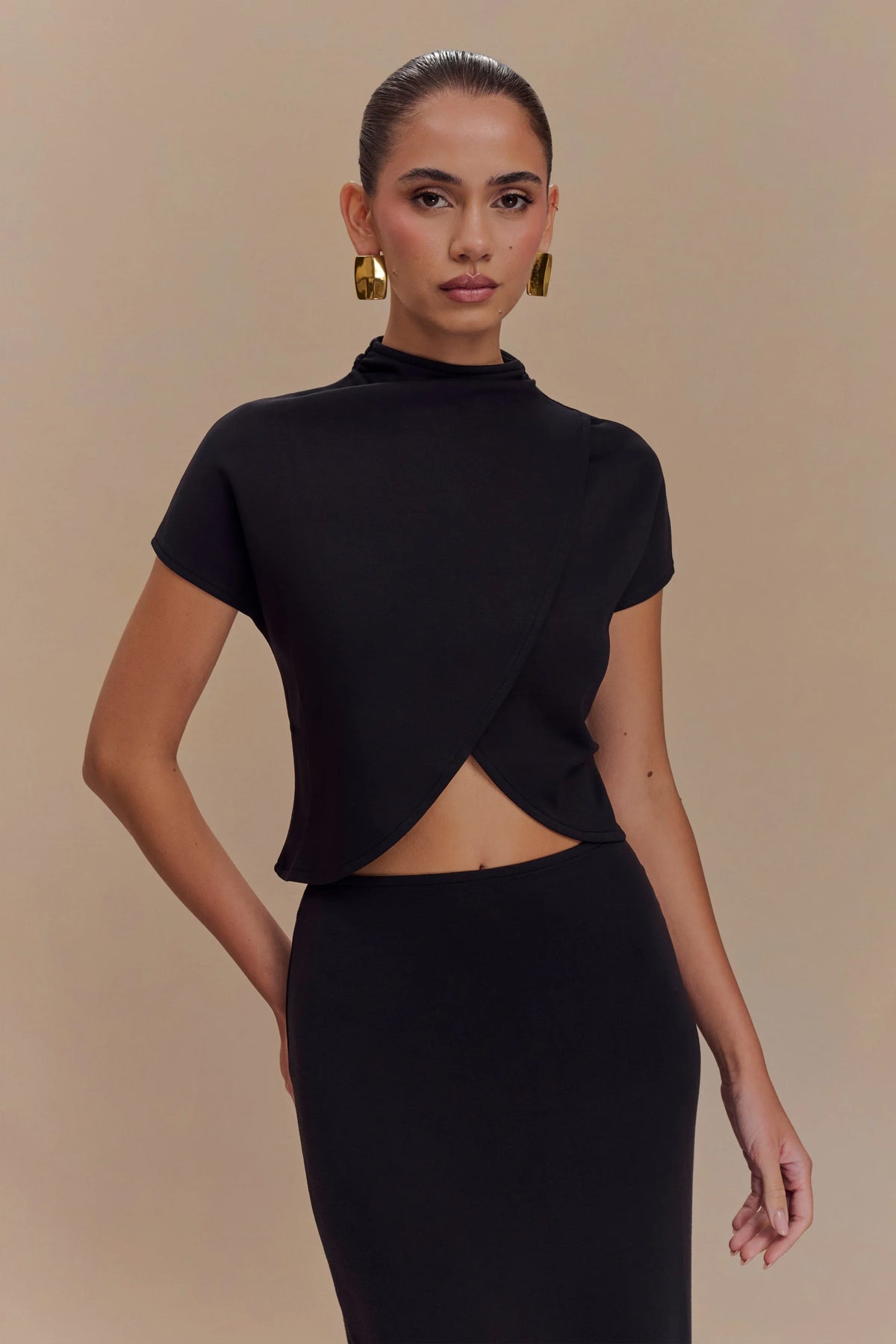 Eris High Neck Scuba Jersey Top Black