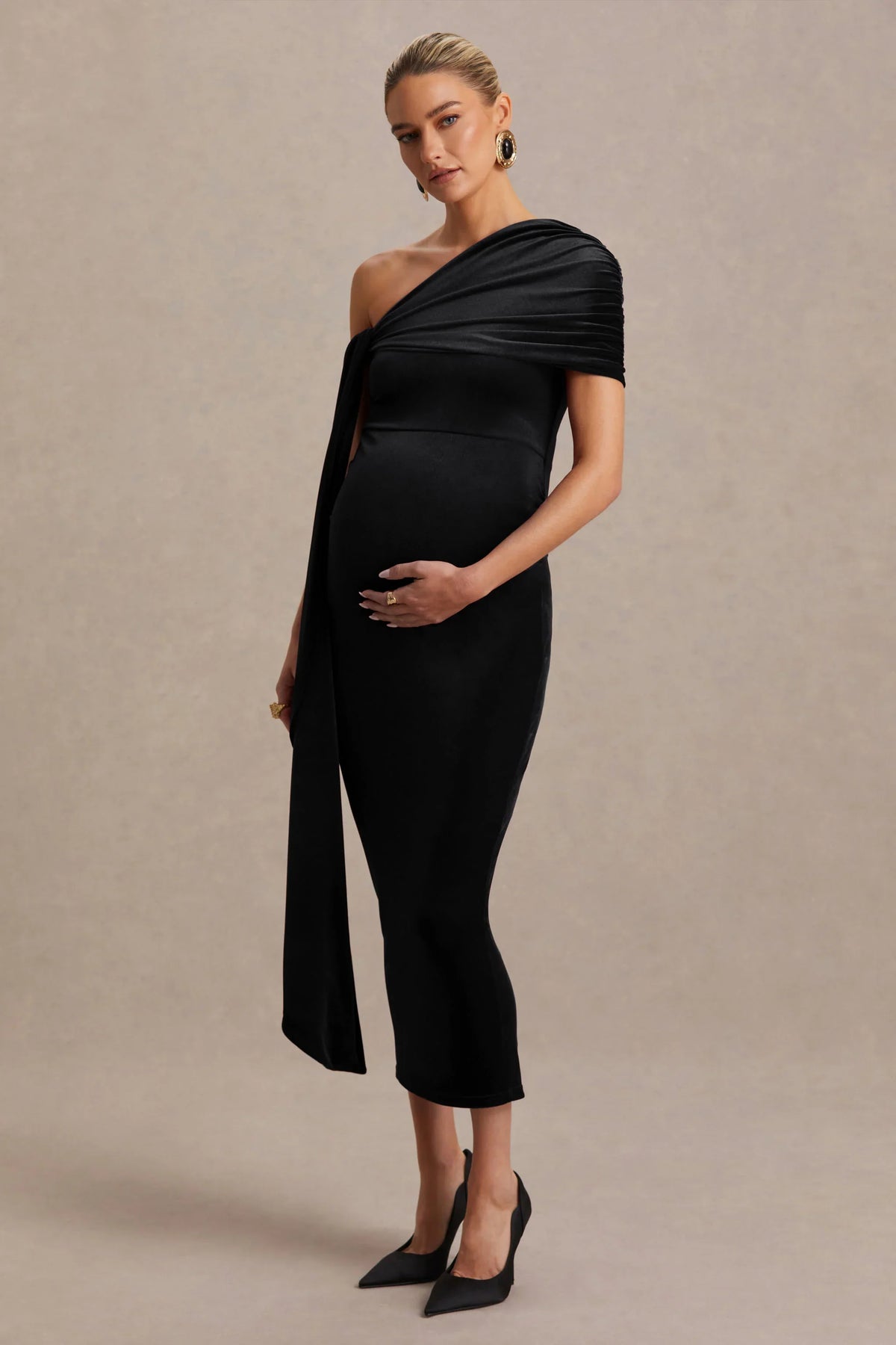 Zena Black Velvet Asymmetric Neck Maternity Midi Dress With Knot And Sash Detail