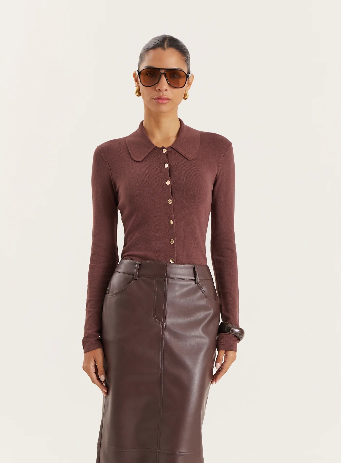Chocolate Lightweight Knitted Button Down Top