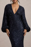 Kaelin Navy Sequin Plunge Neck Maxi Dress