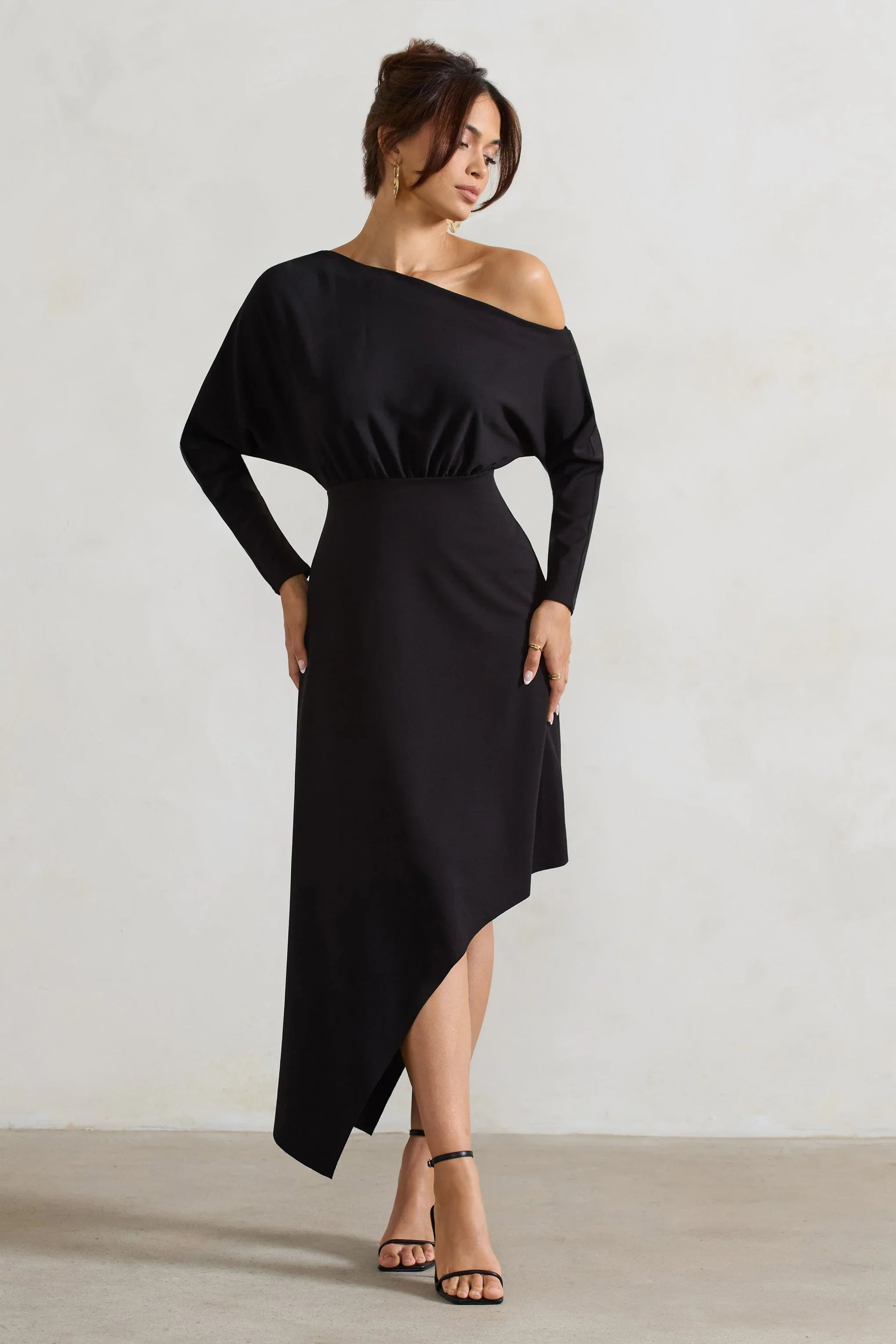Lori Black Asymmetric Long Sleeve Maxi Dress