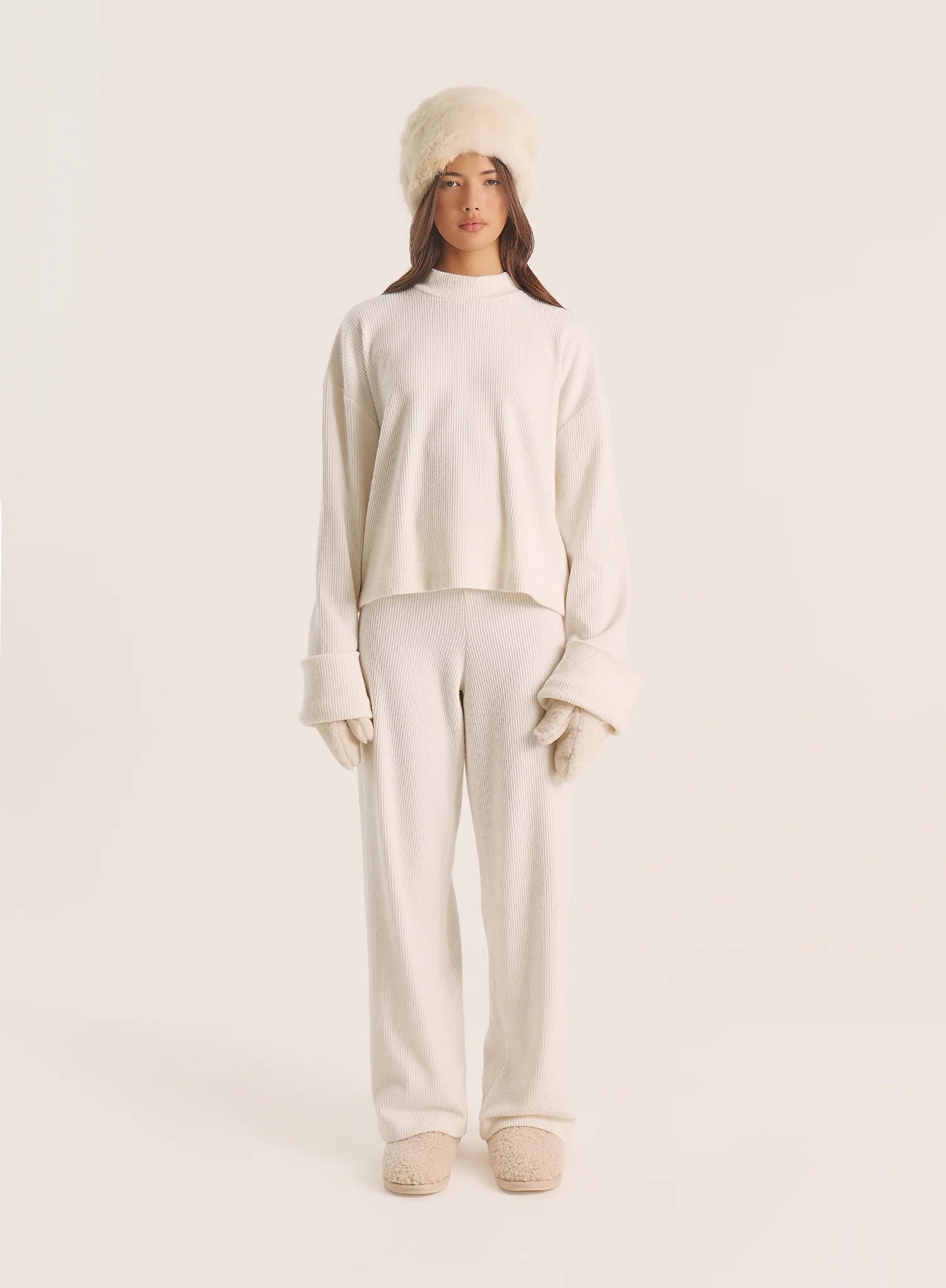 Ecru Foldover Waist Wide Leg Jersey Trousers