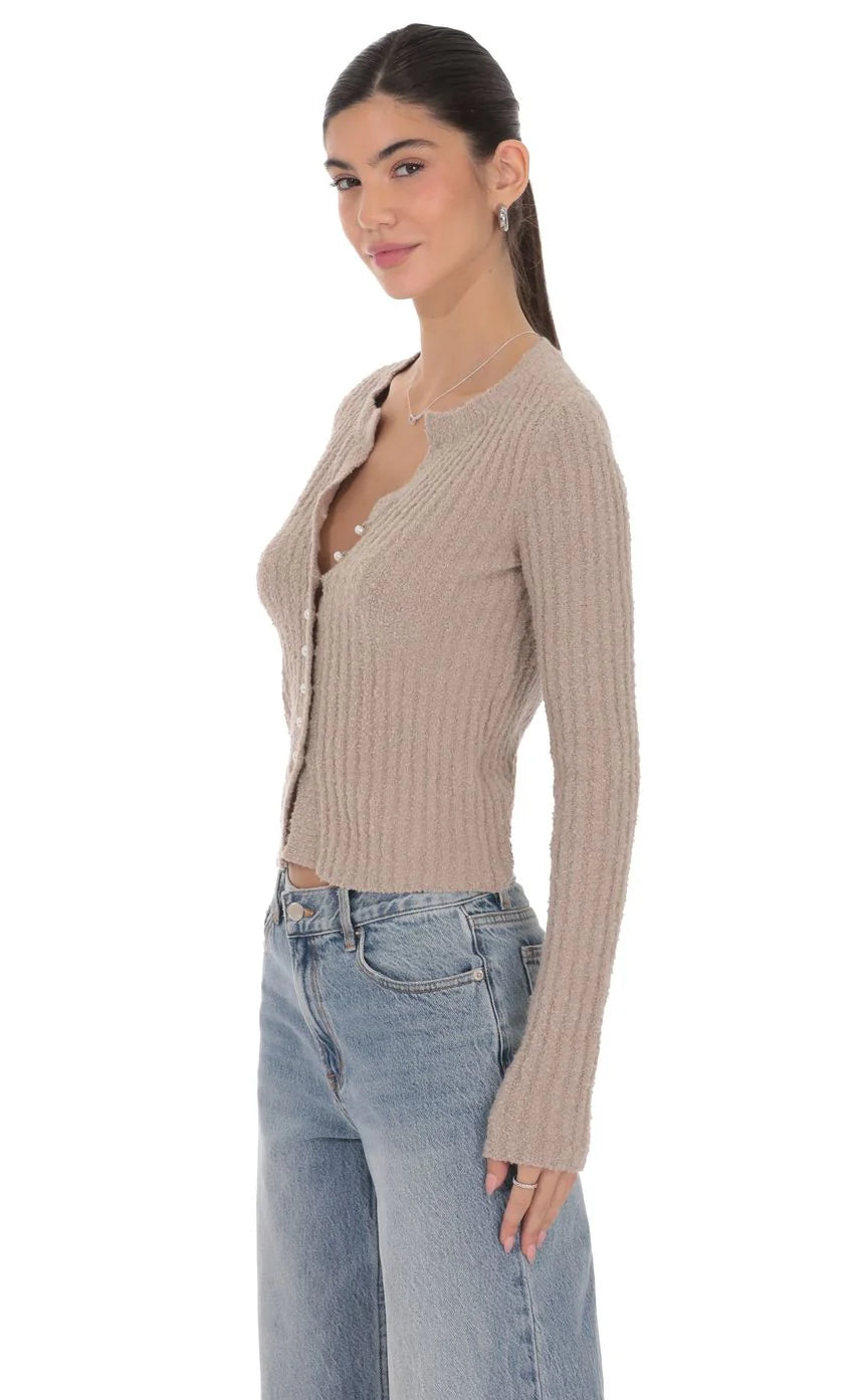 Ribbed Knit Cardigan in Light Brown