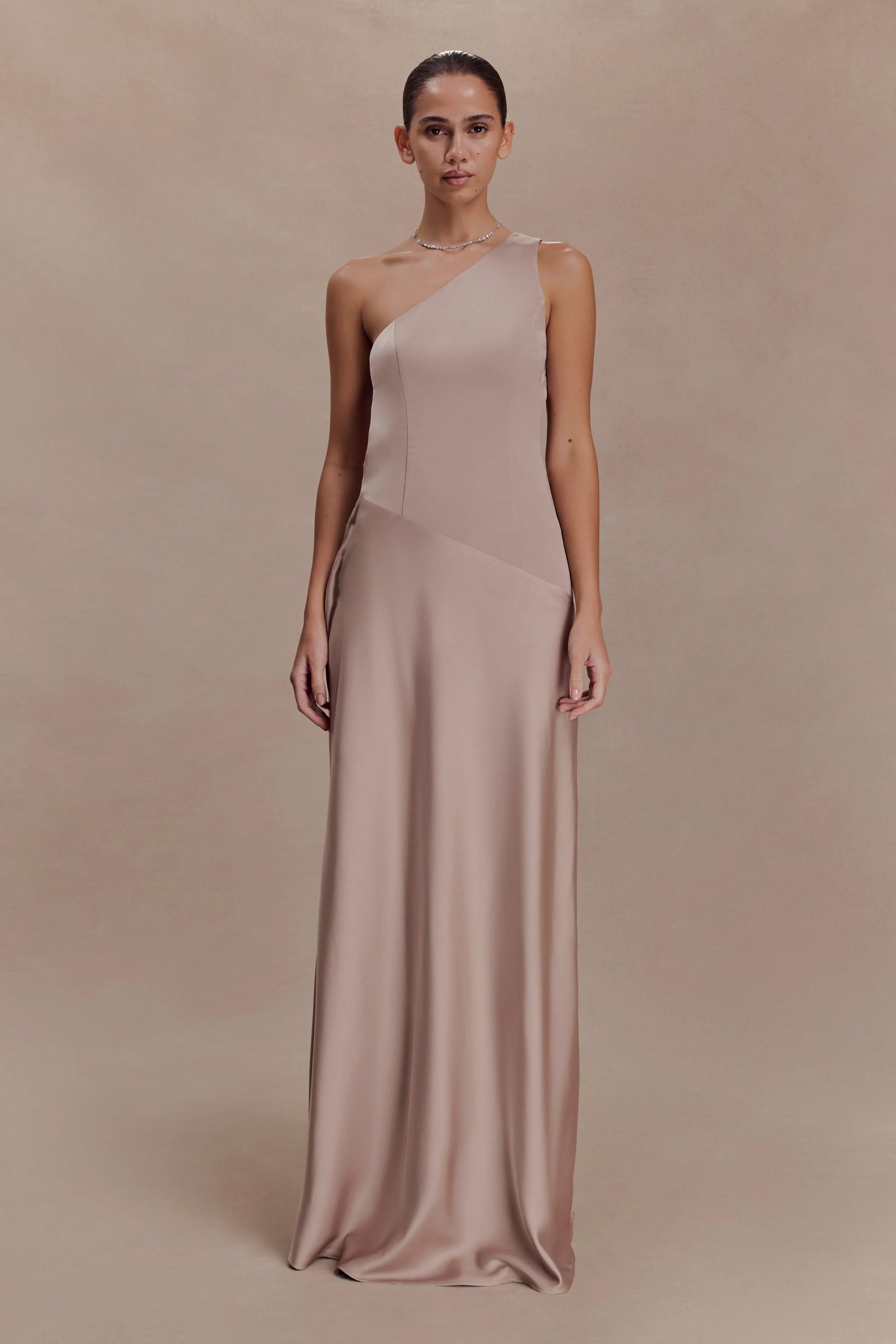 Lyla Asymmetrical Satin Maxi Dress Bronze Taupe