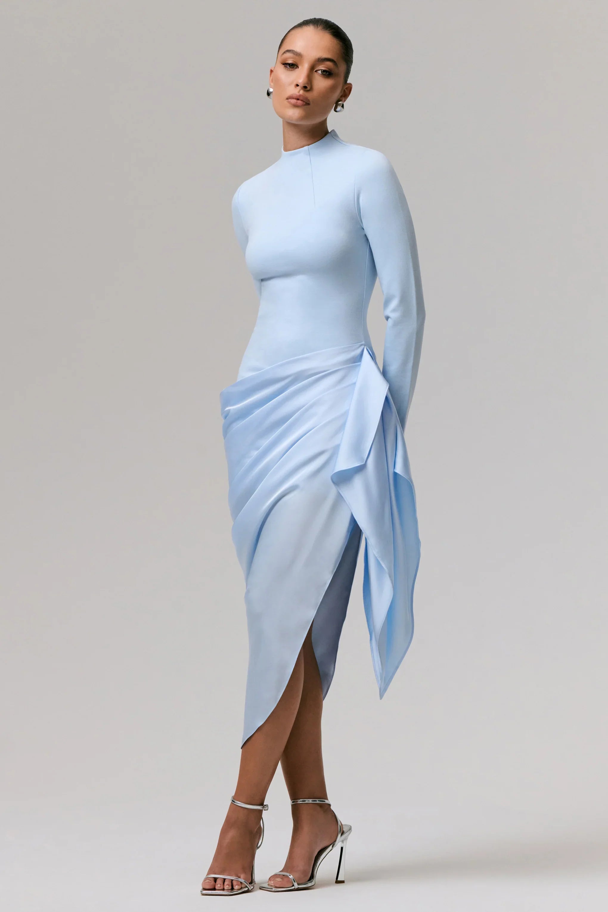 Raffie Powder Blue Long Sleeve Midi Dress With Satin Wrap Skirt