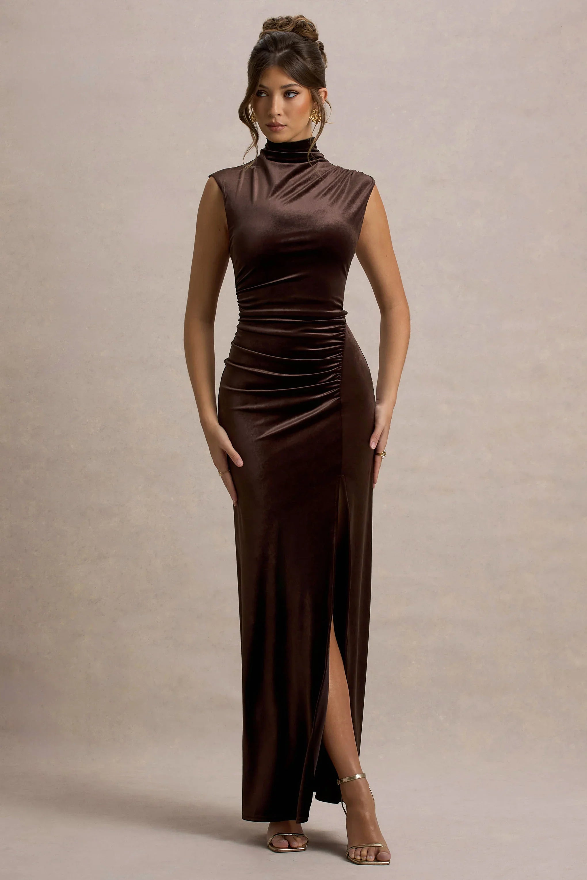 Abilene Chocolate Velvet High Neck Split Maxi Dress