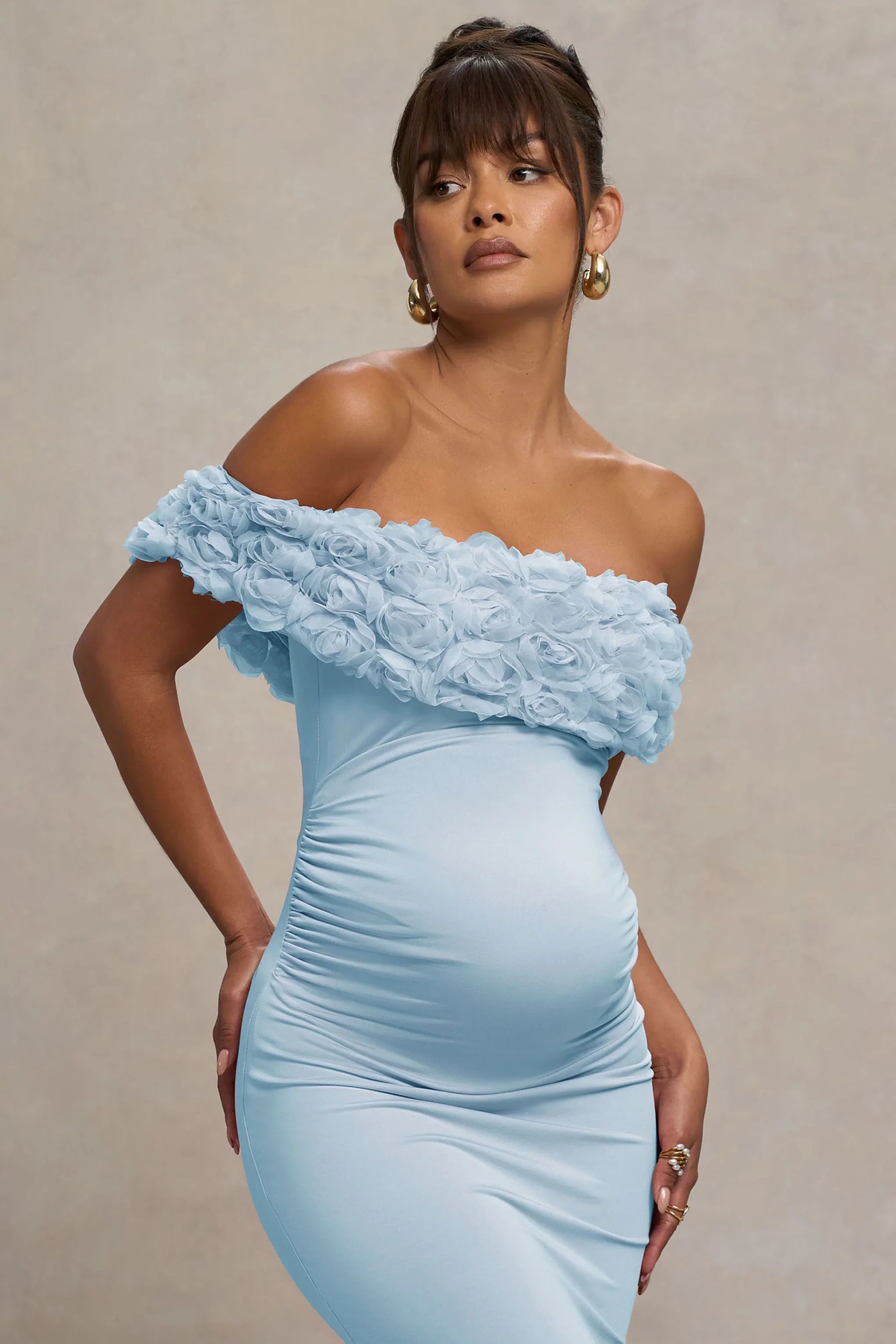 Inflorescence Powder Blue Mesh Floral Bardot Maternity Maxi Dress
