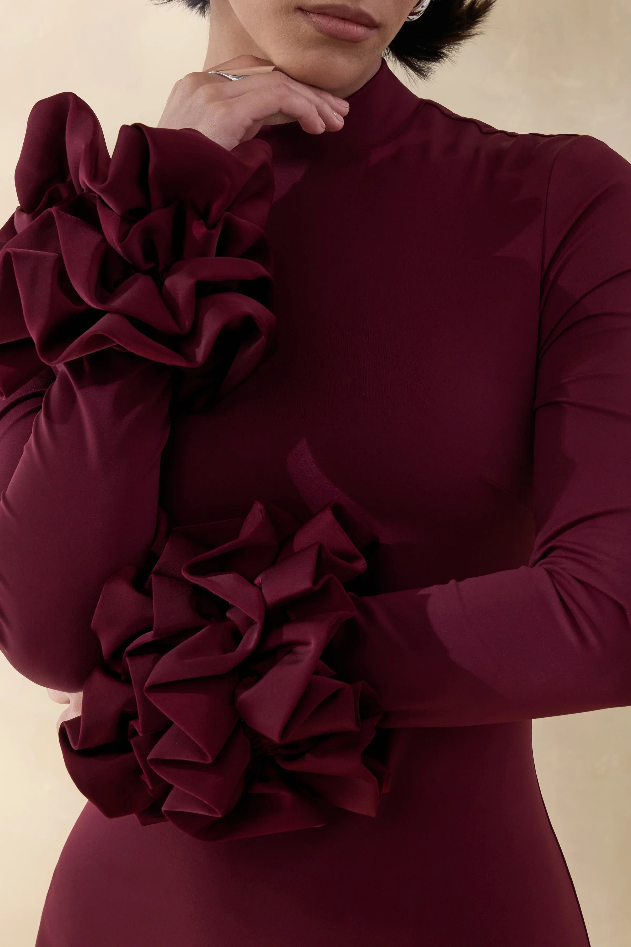 Jaselle Dark Plum High Neck Maxi Dress With Ruffled Satin Cuffs