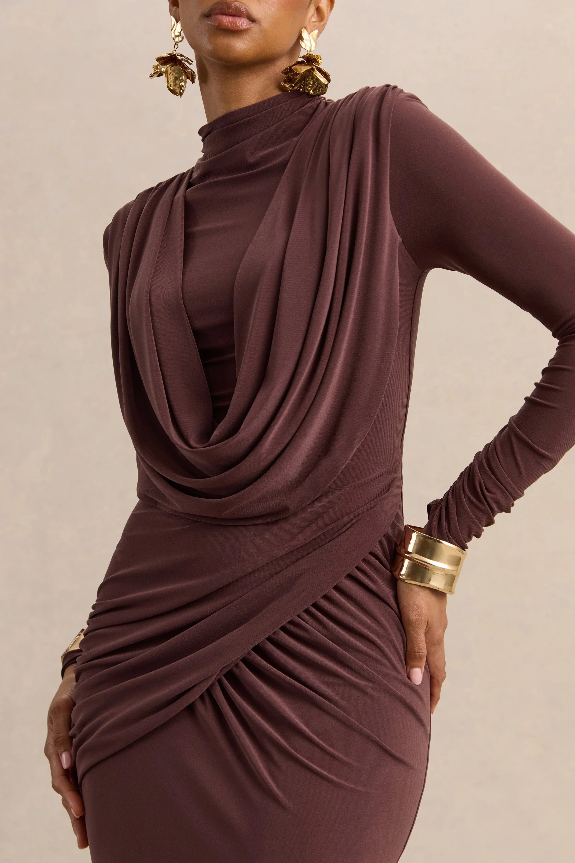 Karinthia Brown High Neck Maxi Dress With Draped Detailing