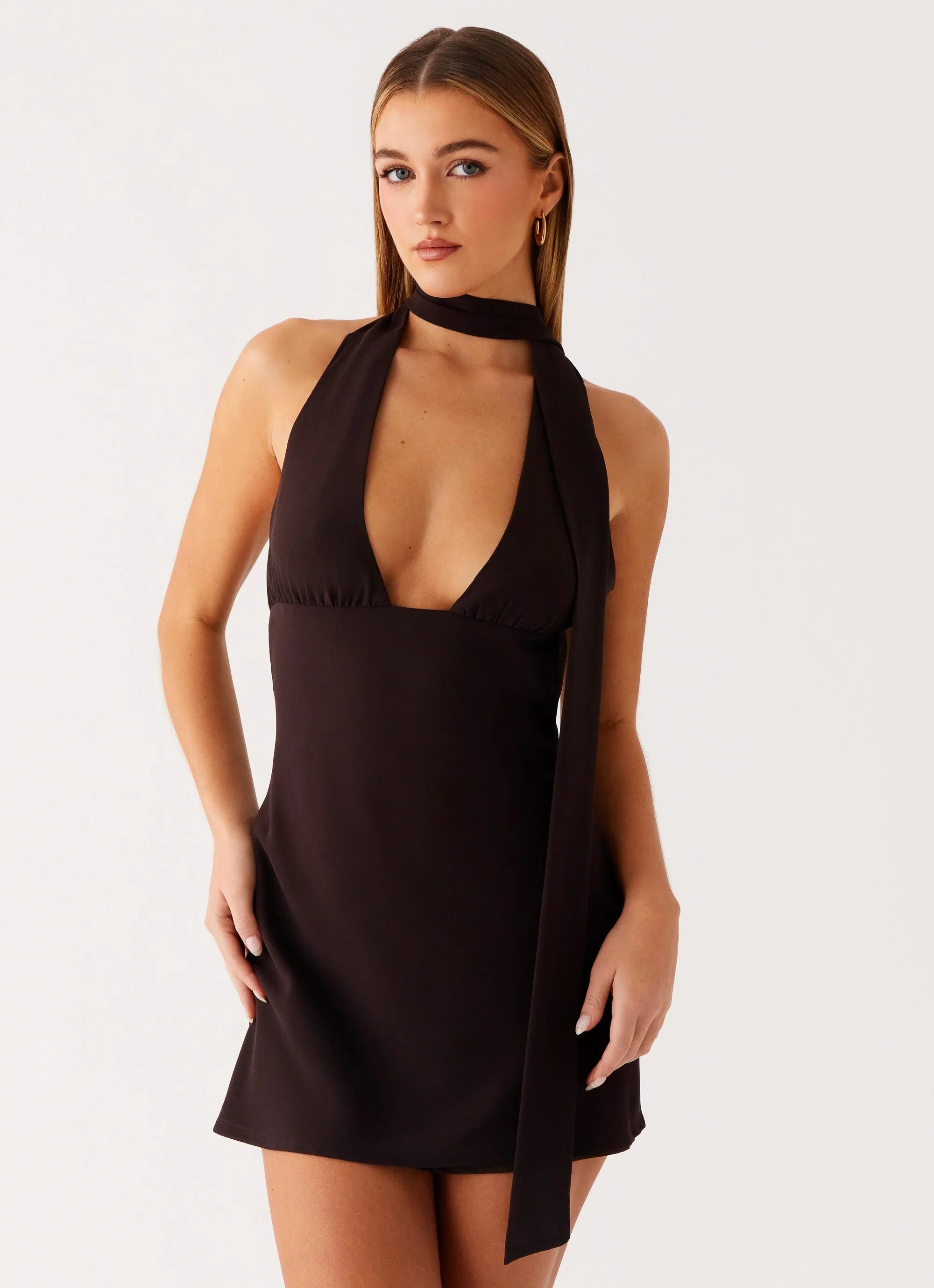 Melisande Scarf Neck Mini Dress Cool Chocolate