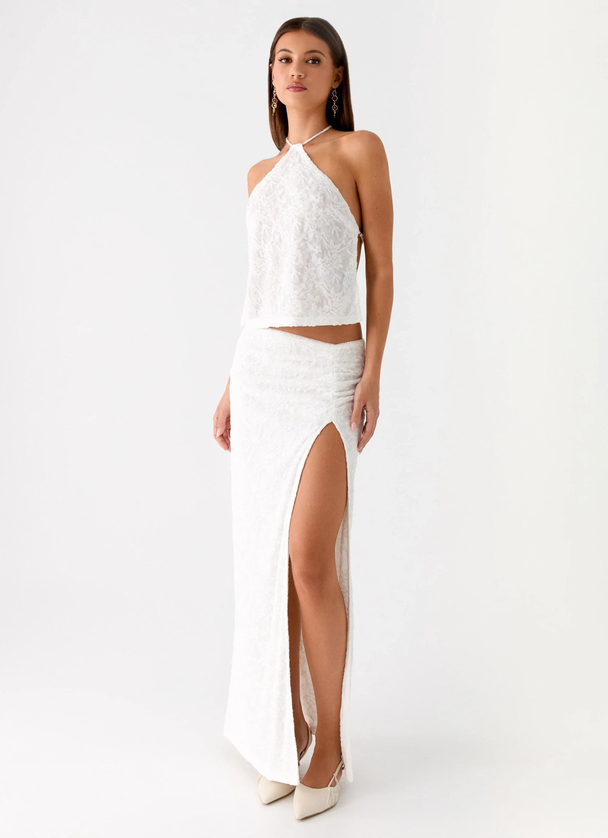 Griff Low Rise Jacquard Maxi Skirt White